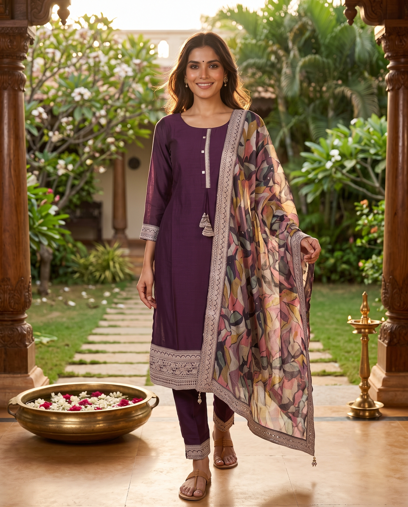 Deep Wine with Multi-Color Printed Dupatta Ready Made Kurti Set