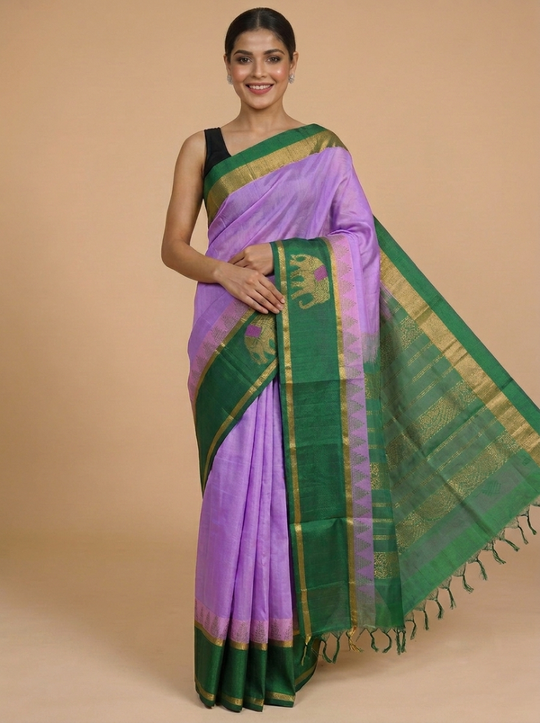 Pure Silk Cotton Saree in Lavender and Emerald Green