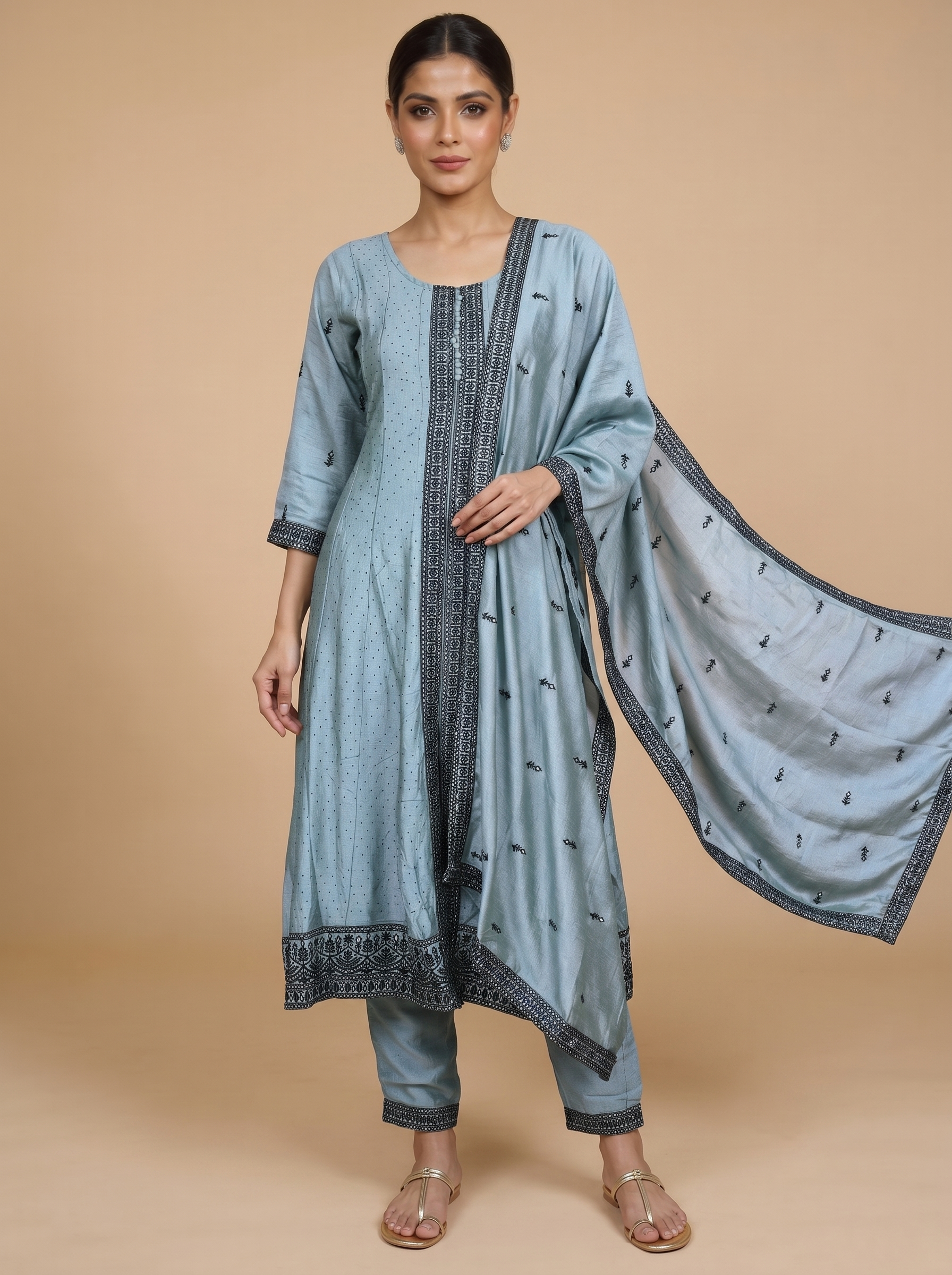 Powder Blue With Balck Dupatta Ready Made Salwar Suit