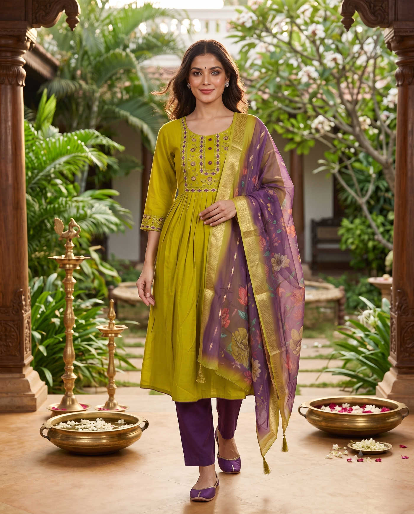 Olive Green with Purple Dupatta Anarkali Set