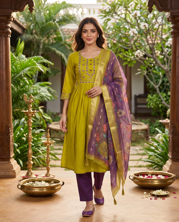 Olive Green with Purple Dupatta Anarkali Set