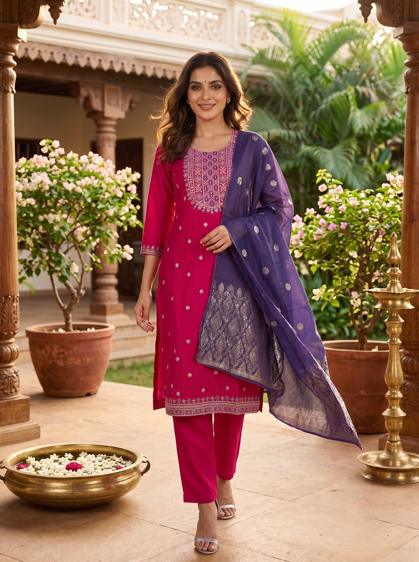 Rani Pink with Deep Purple Dupatta Straight Kurta Set