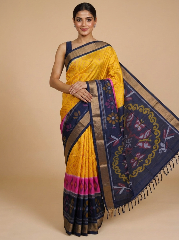 Radiant Yellow with Midnight Blue Kanchipuram Silk Saree