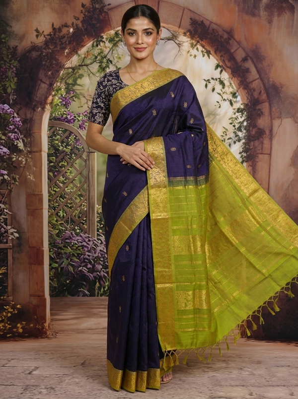 Elegant Royal Purple pure Silk cotton Saree with Lime Green Zari Border