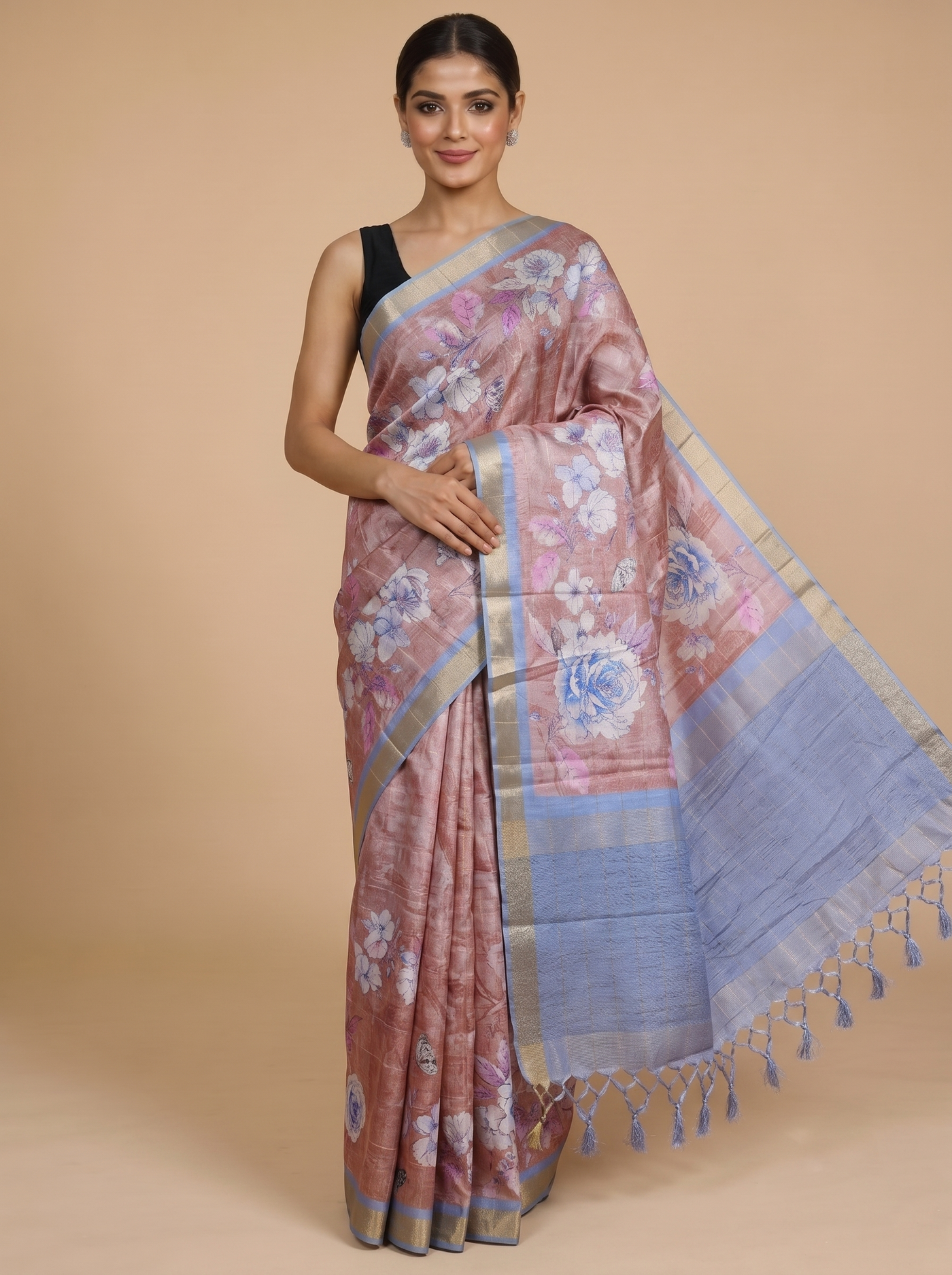Rose Gold and Pastel Blue Dola Silk Saree