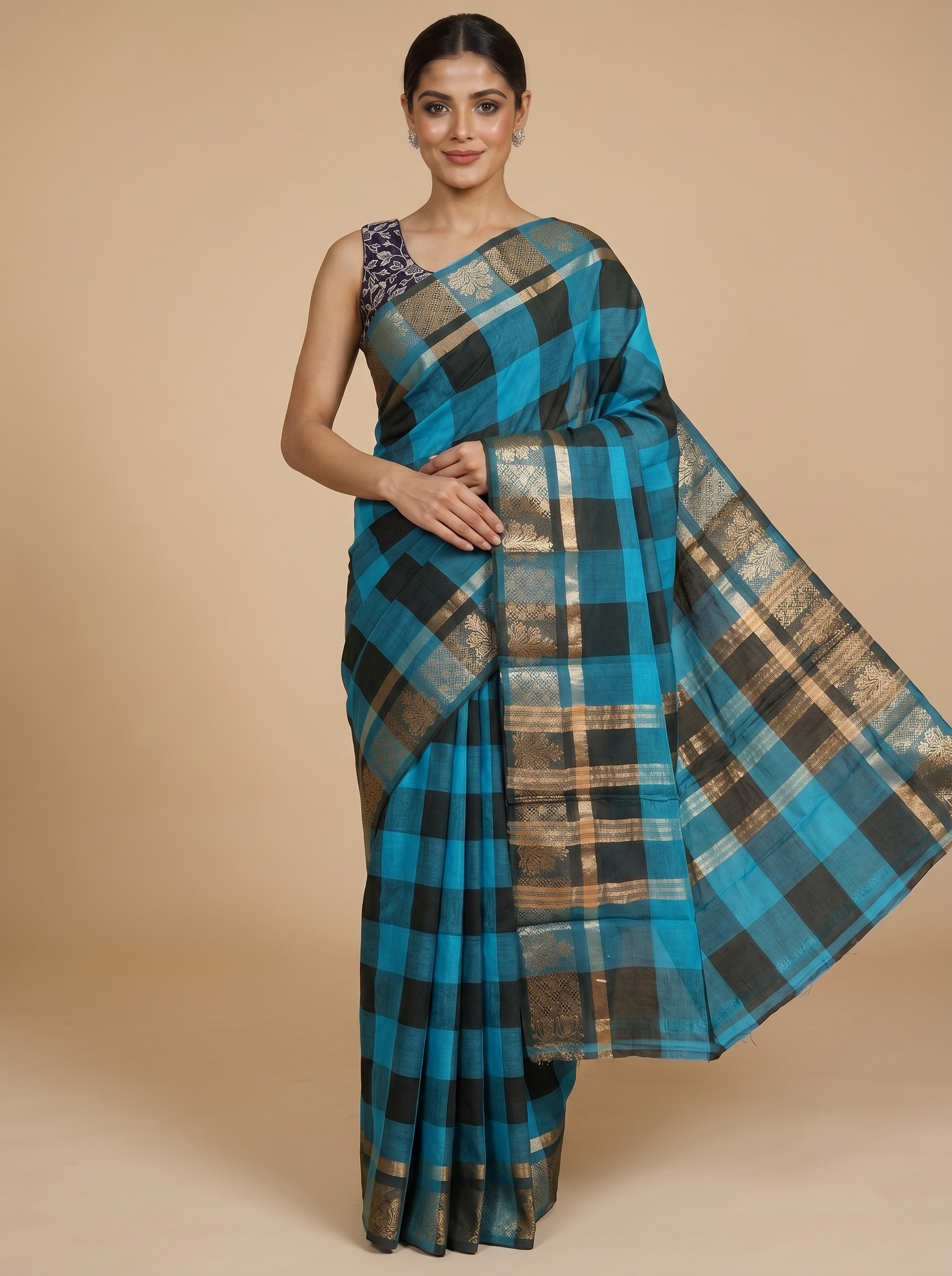 Turquoise Blue and Black Chettinad Cotton Saree