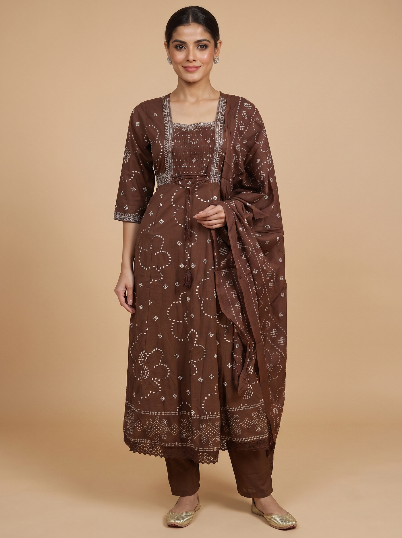Brown with Dupatta Anarkali Set