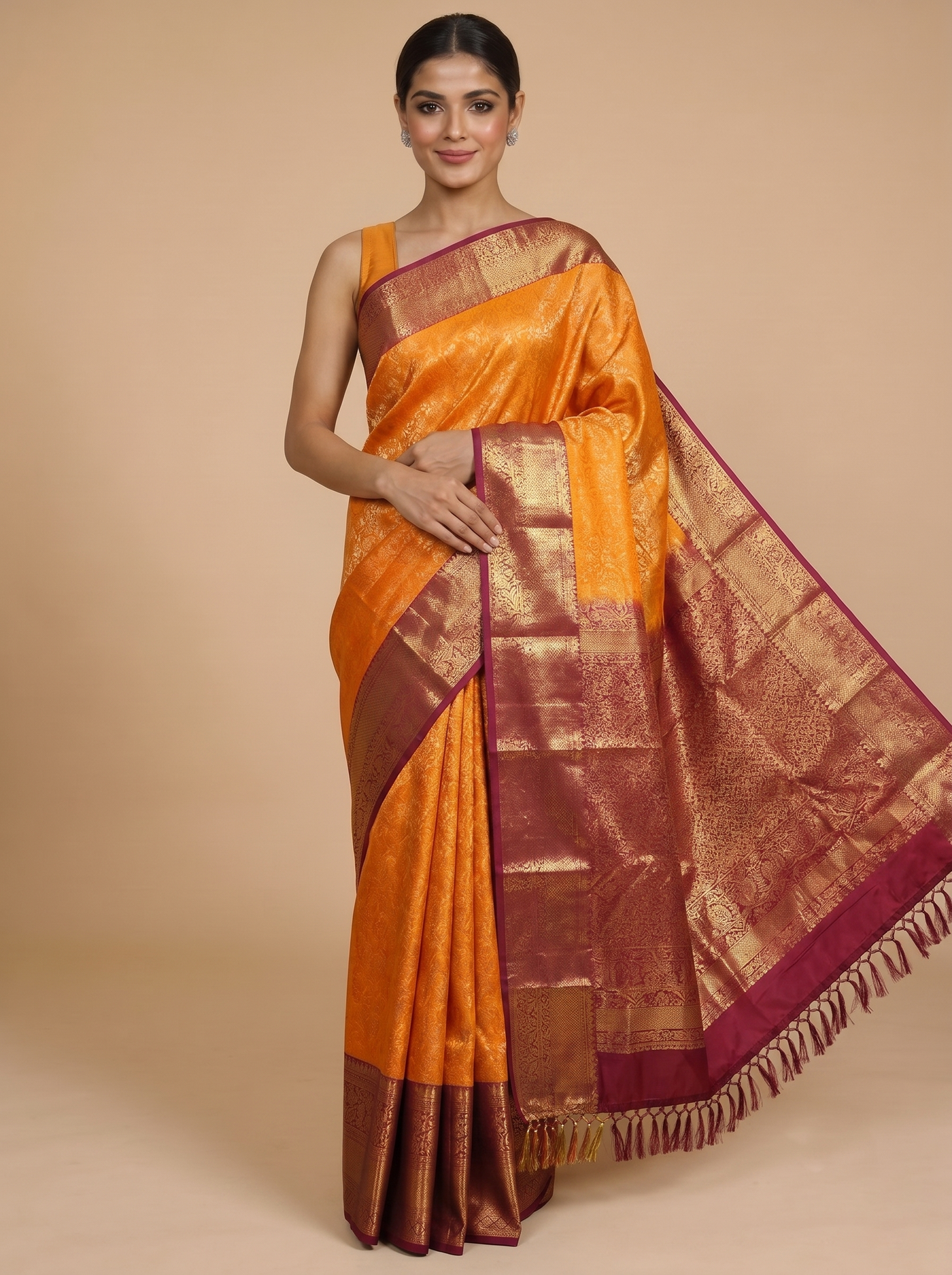 Vibrant Mustard and Maroon Kanchipuram Fancy Silk Saree