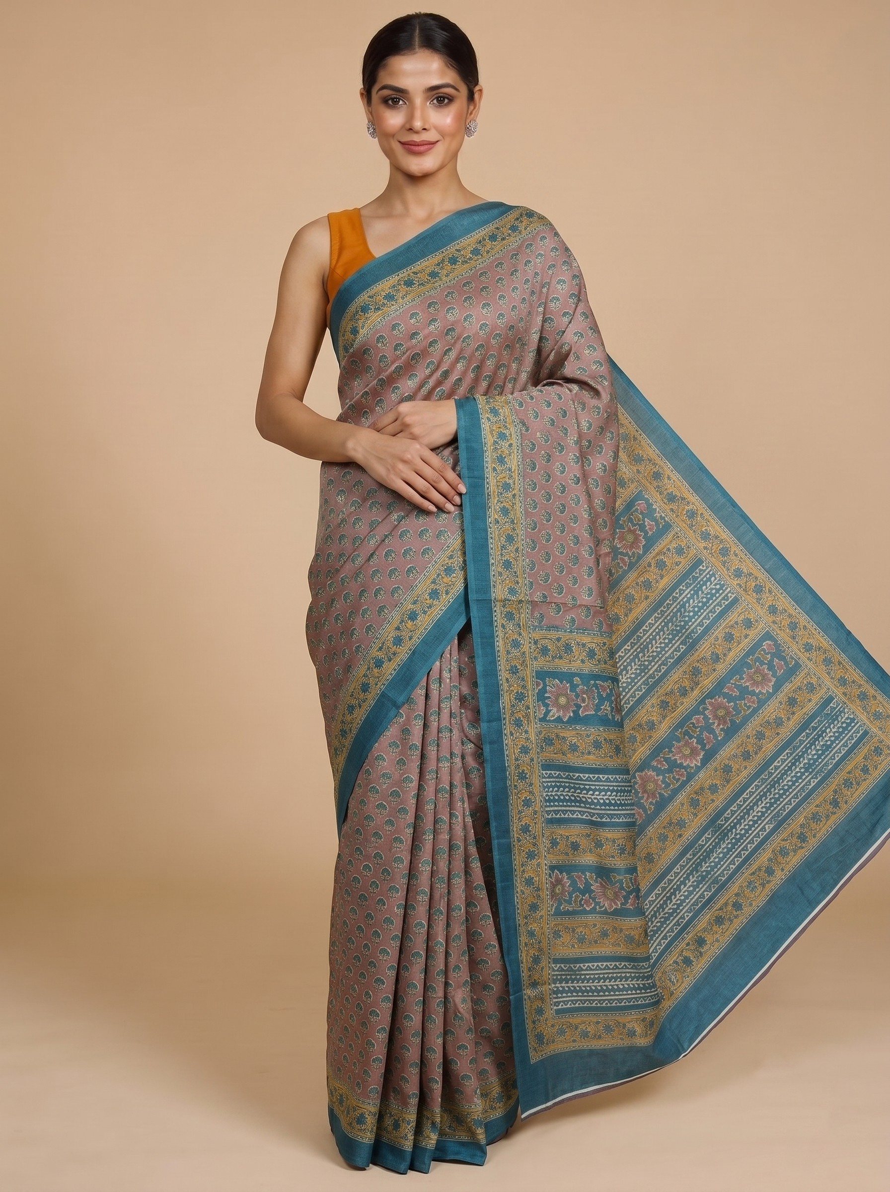 Mauve with Teal Blue - Semi Tussar Saree