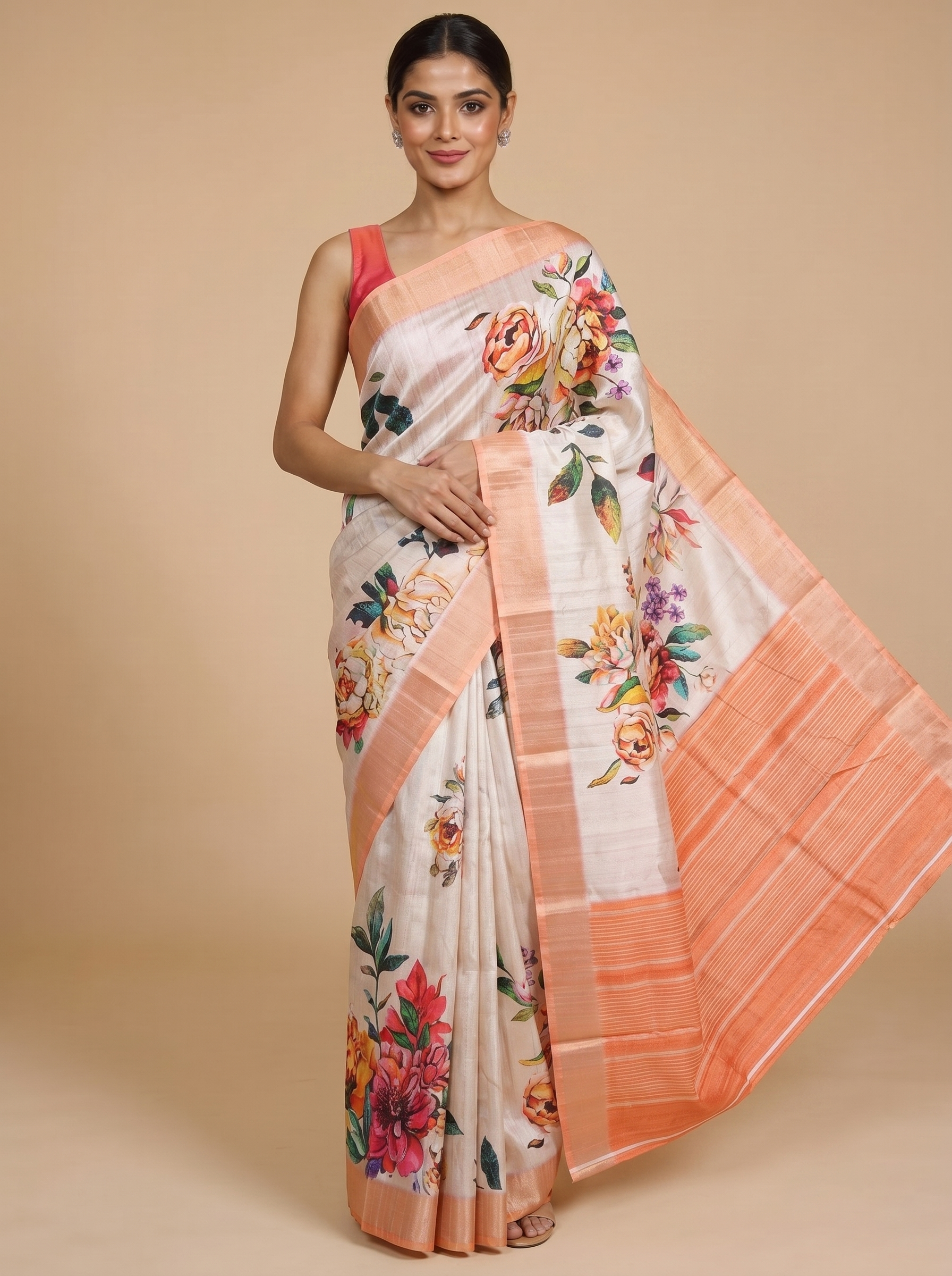 Cream with Peach - Semi Tussar Saree