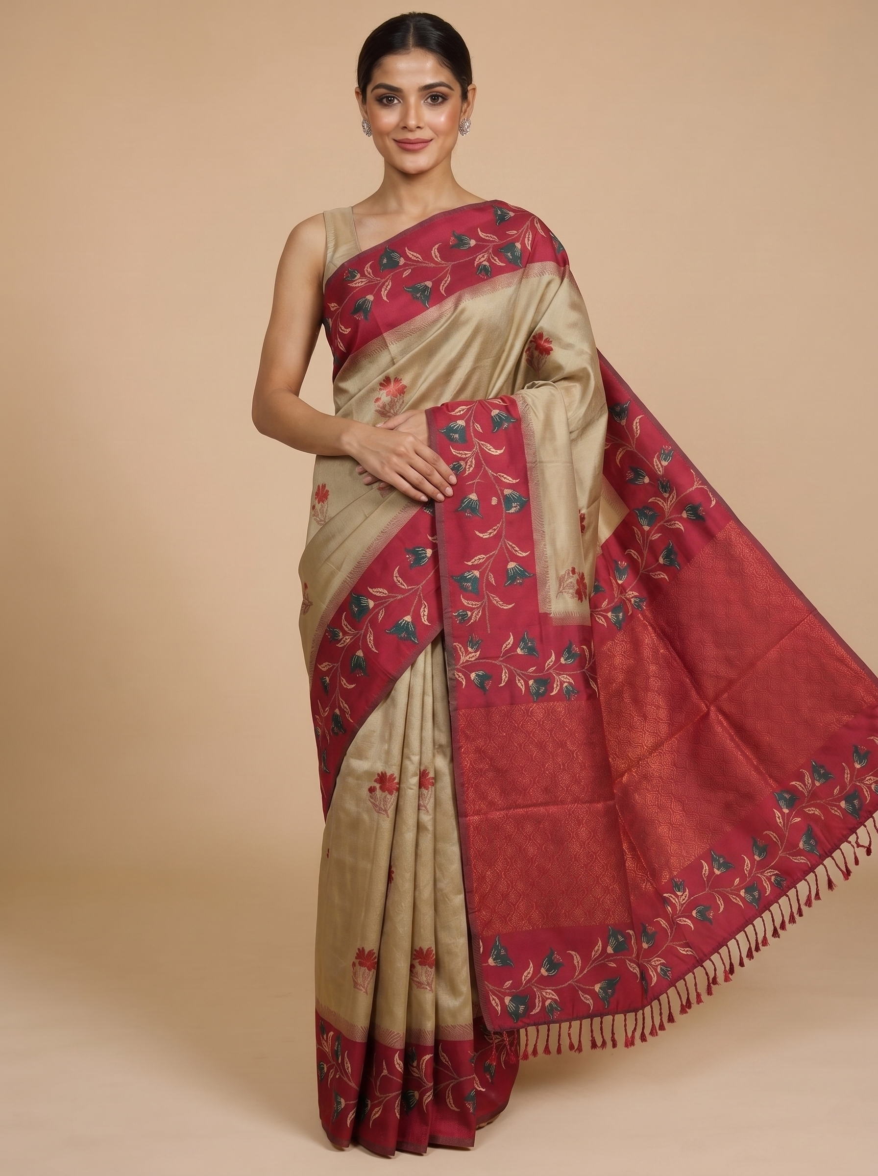 Beige and Magenta Fancy Silk Saree
