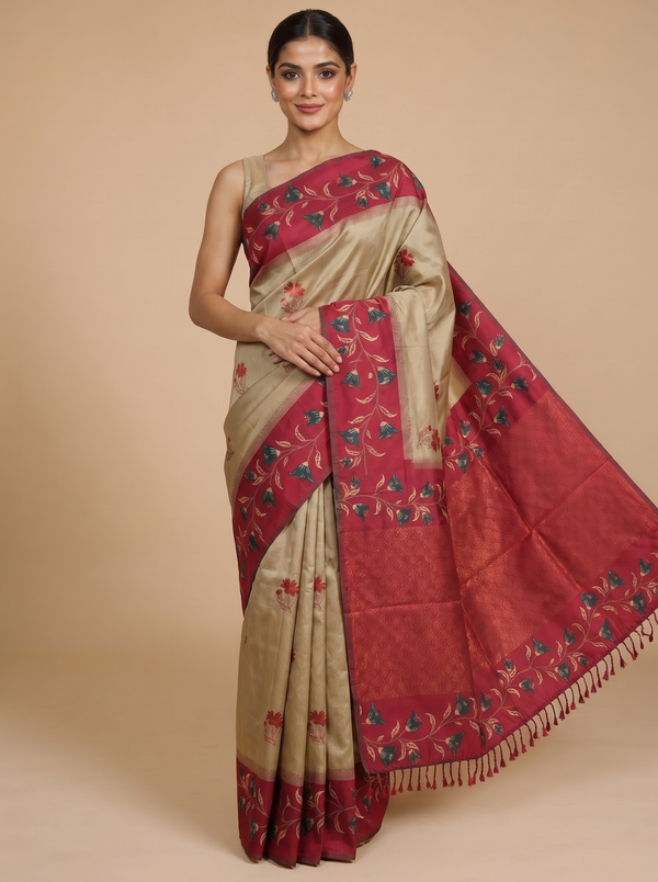 Beige and Magenta Fancy Silk Saree