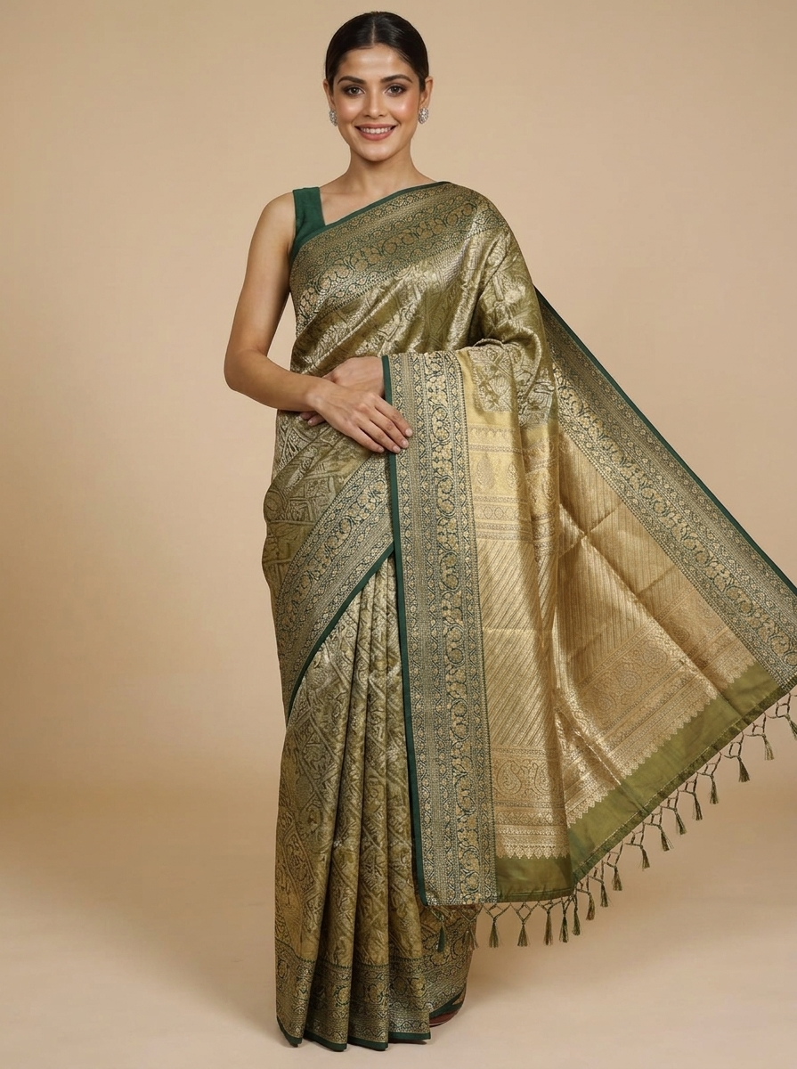 Olive Green and Antique gold Kanchipuram Gold  Silk Saree