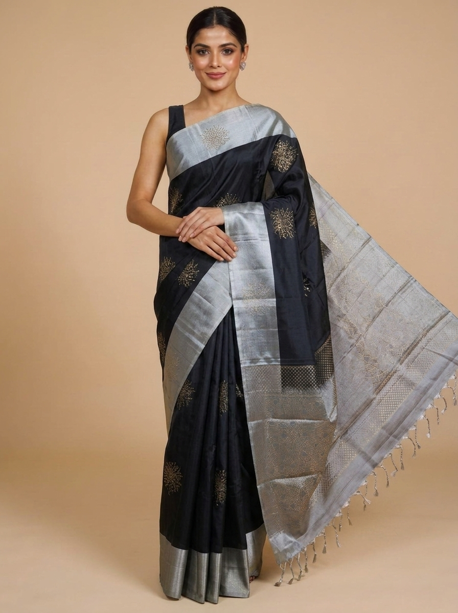 Royal Black & Antique Silver Kanchipuram Silk Saree