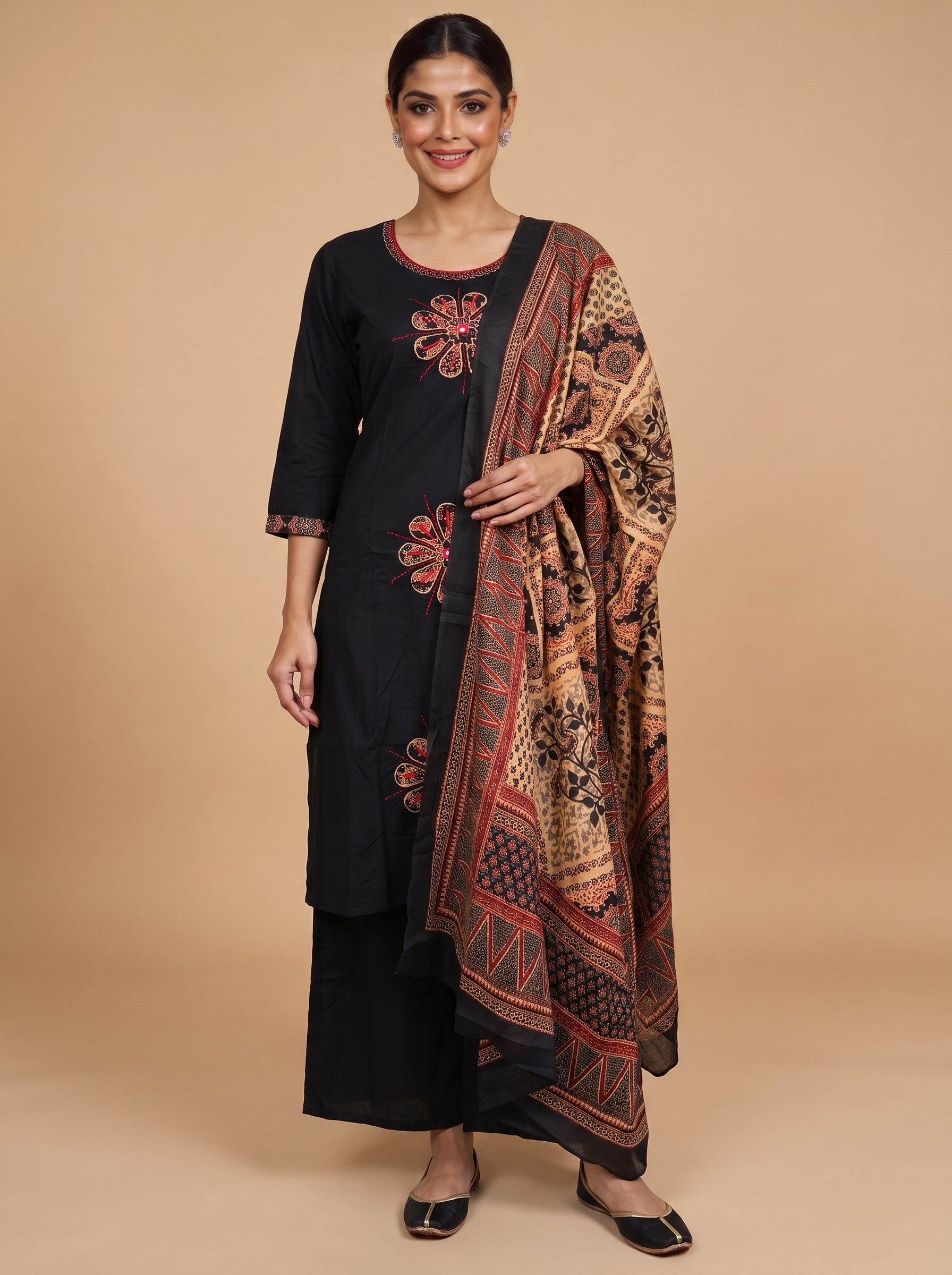 Black with Beige and Red Dupatta Ready Made Salwar Suit