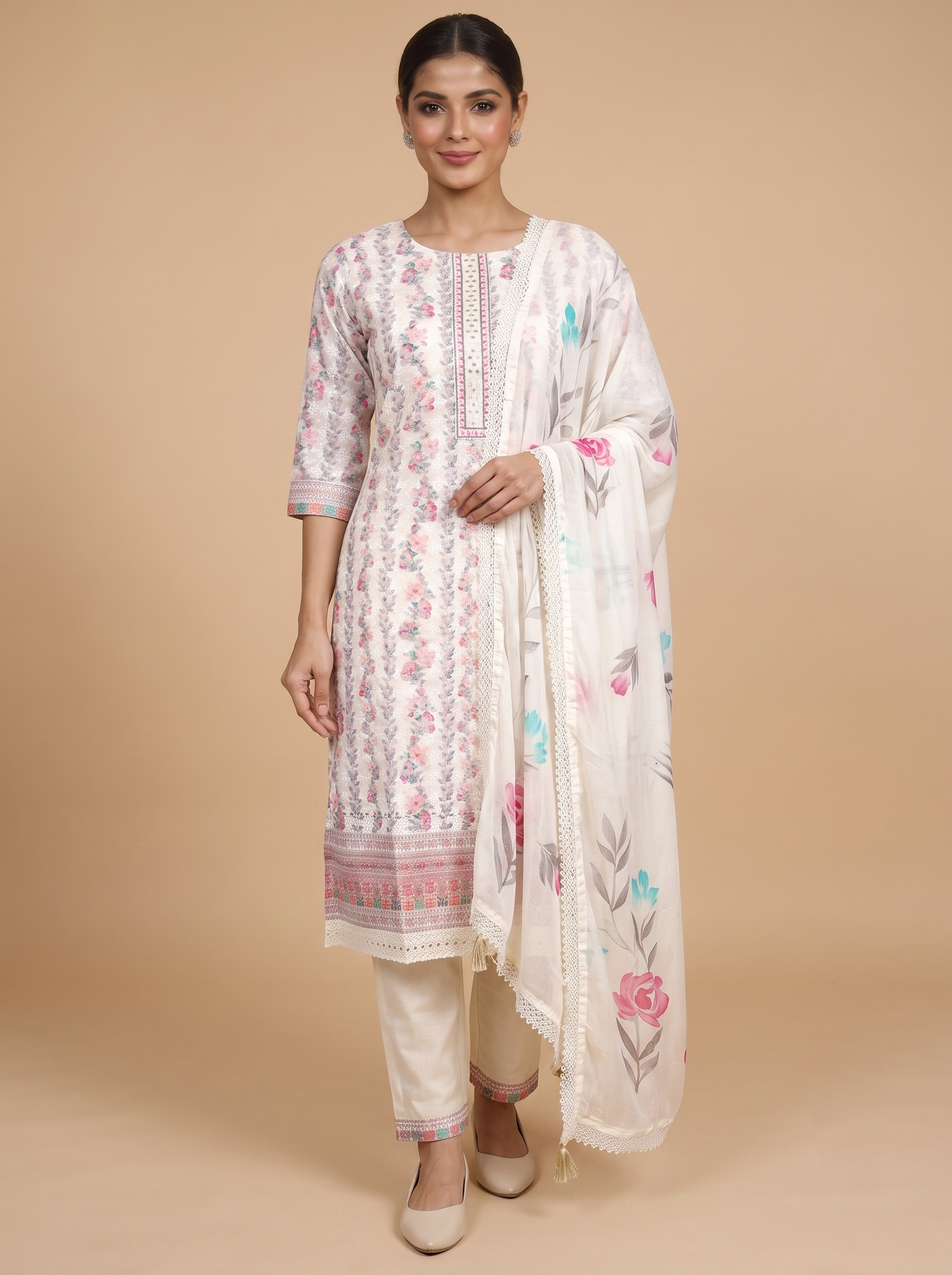 Off-White with Floral  Dupatta Ready Made Kurti Set