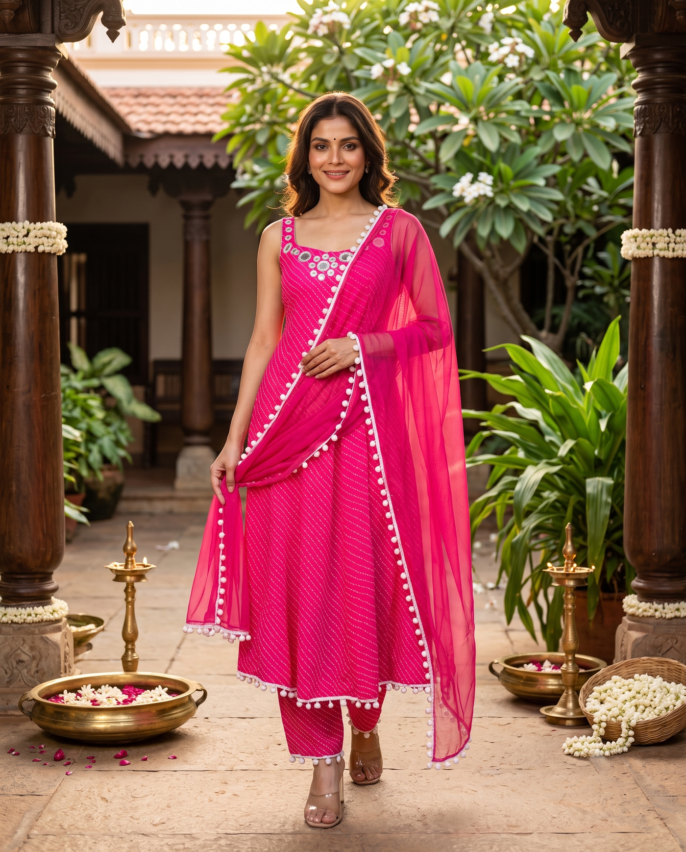 Pink with white border Dupatta Ready Made Kurti Set