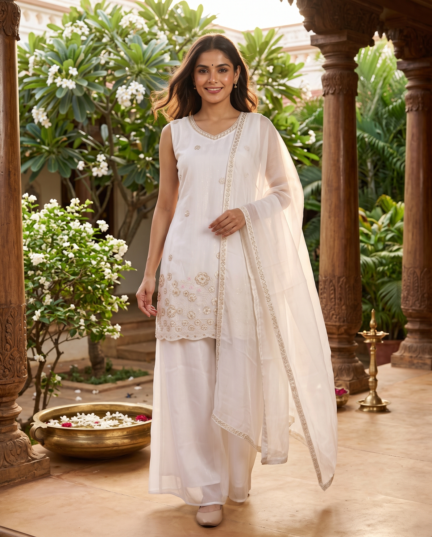 Off-White with Off-White floral Dupatta Ready Made Kurti Set