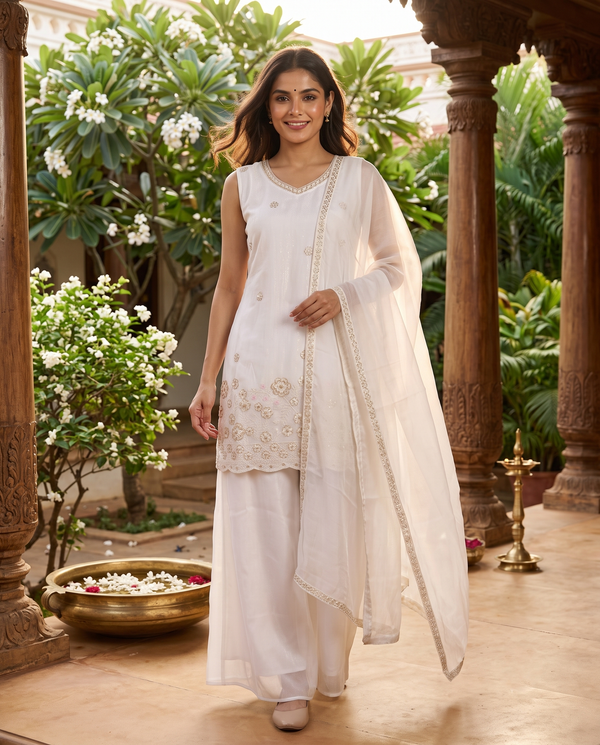 Off-White with Off-White floral Dupatta Ready Made Kurti Set