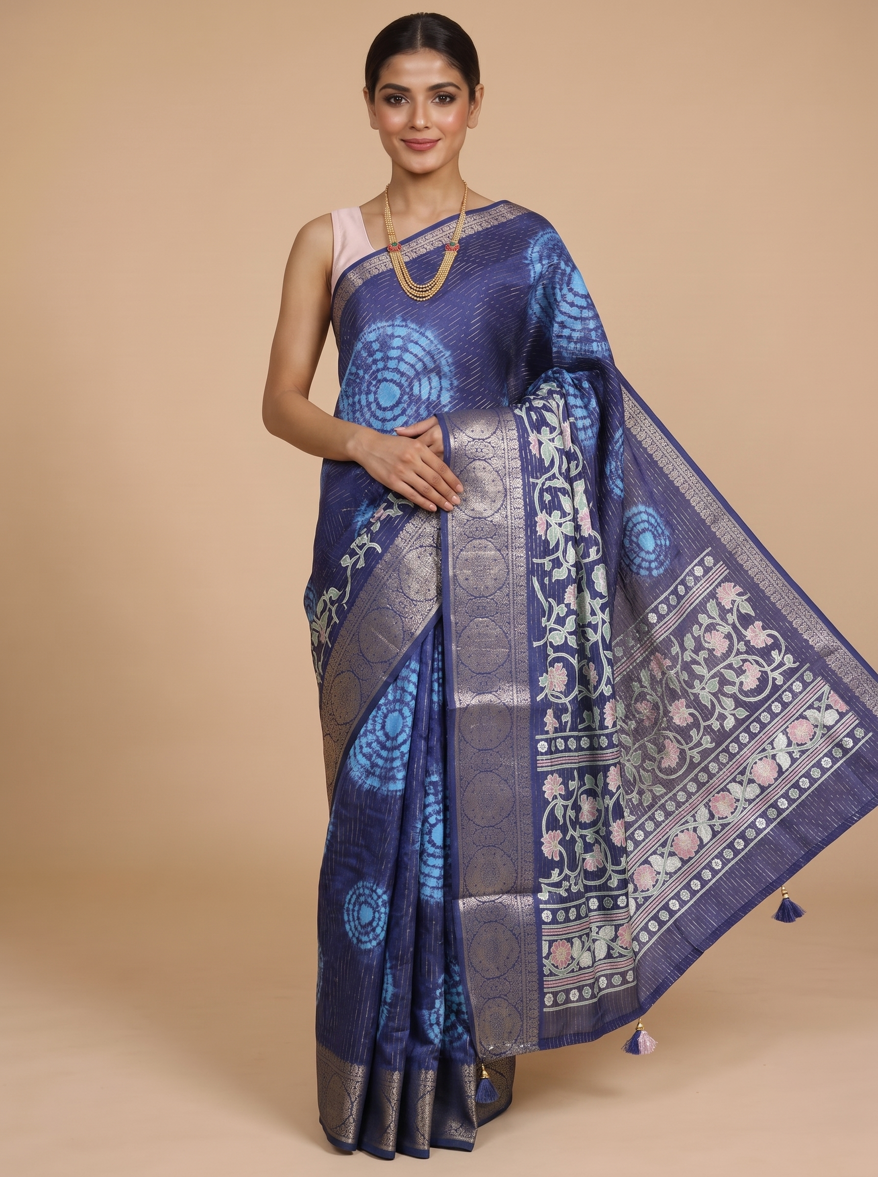 Royal Blue with Indigo Blue - Semi Raw Silk Saree