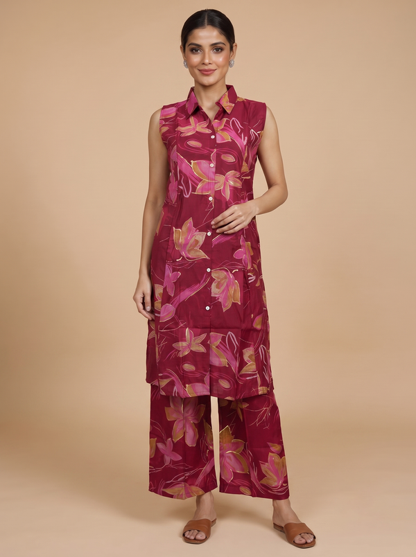 Wine Red Floral Co-ord Set