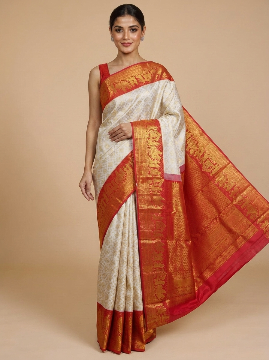 Off-White and Crimson Red Kanchipuram Silk Saree