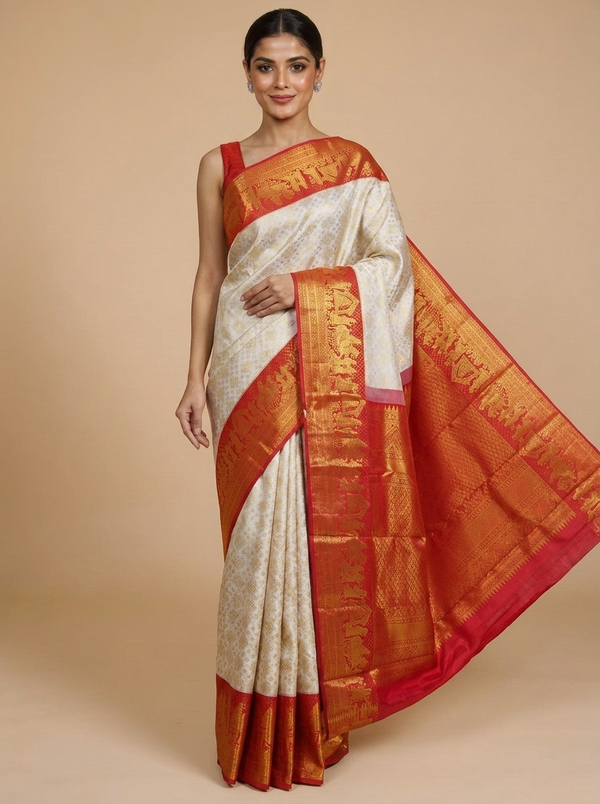 Off-White and Crimson Red Kanchipuram Silk Saree