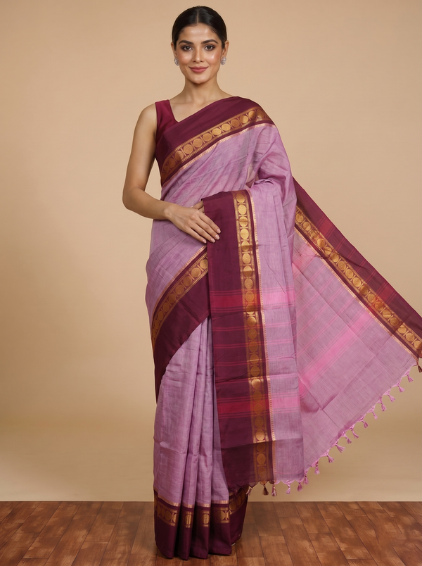 Mauve Pink and Wine Red Chettinad Cotton Saree