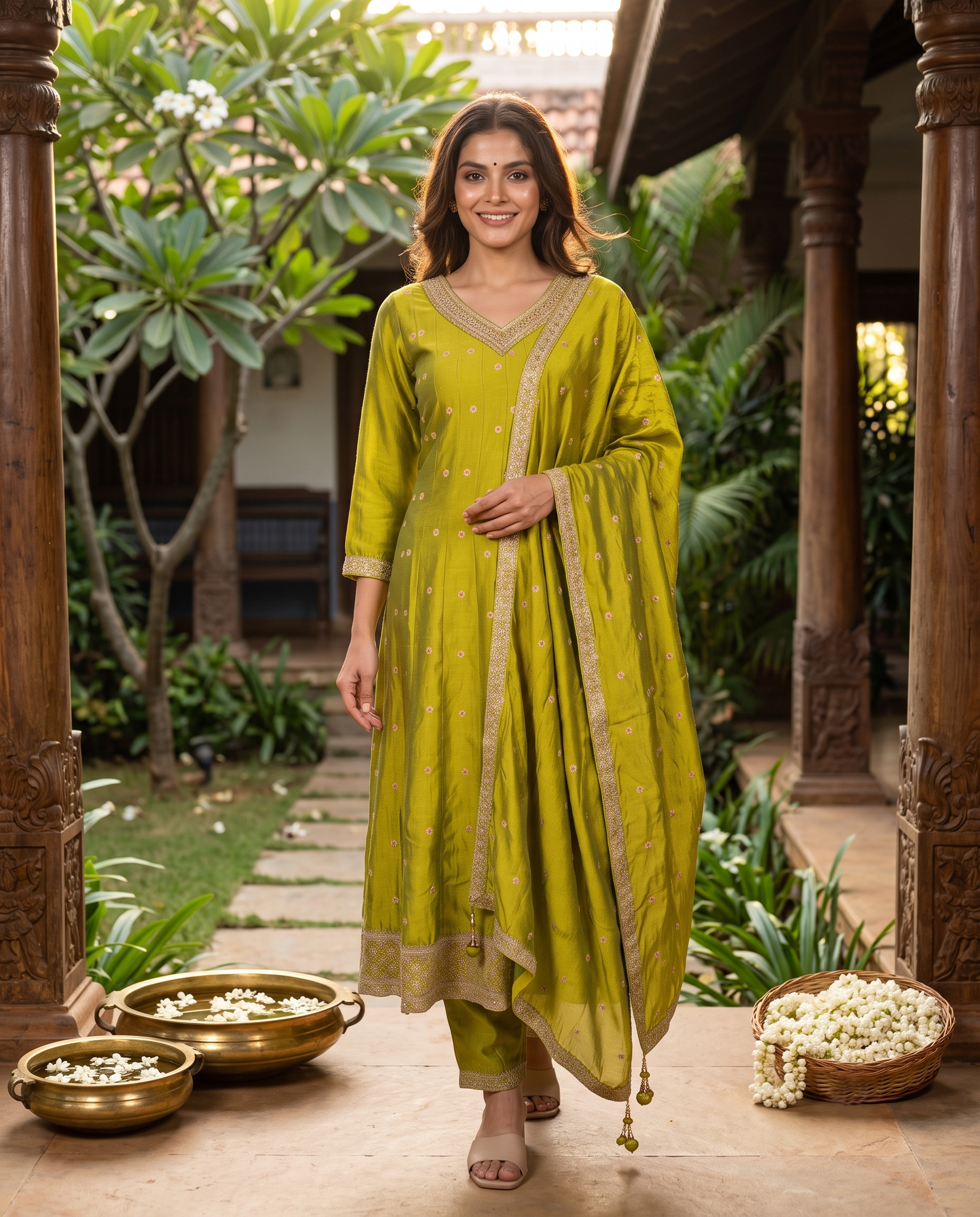 Olive Green with Zari  Dupatta Ready Made Kurti Set