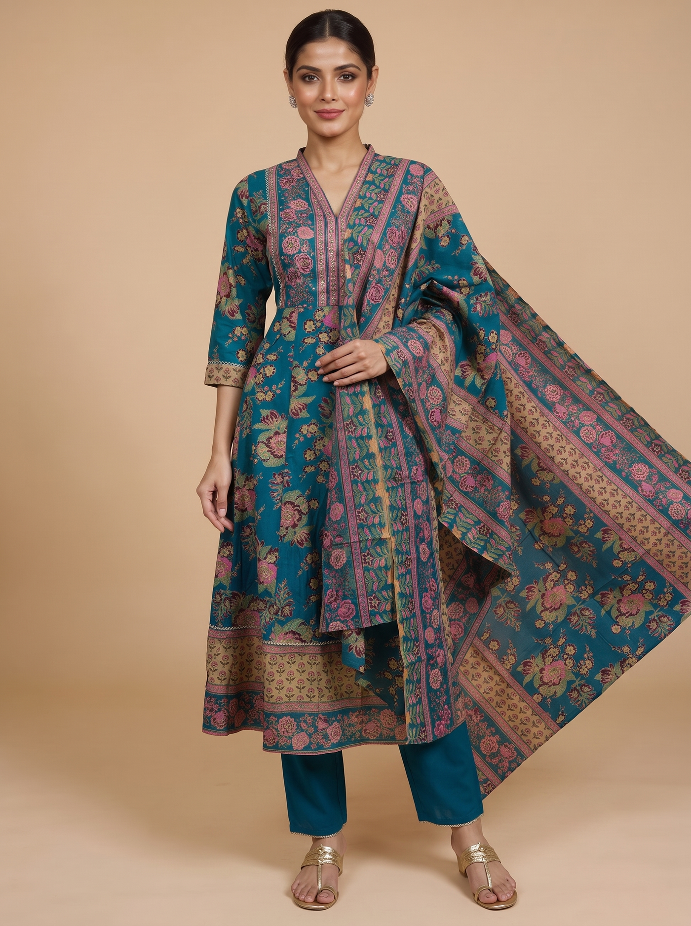 Teal Blue with Matching Floral Dupatta Ready Made Kurti Set