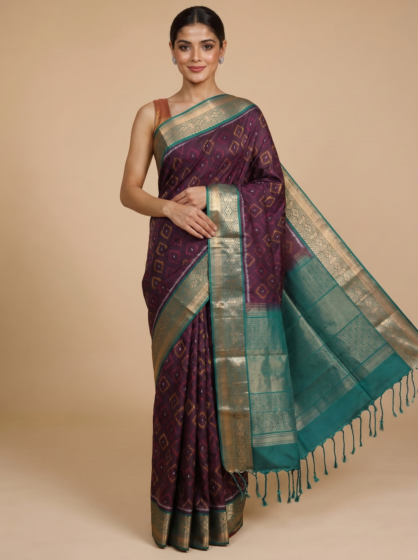 Deep Wine with Teal Green - Pure Kanchipuram Silk Saree