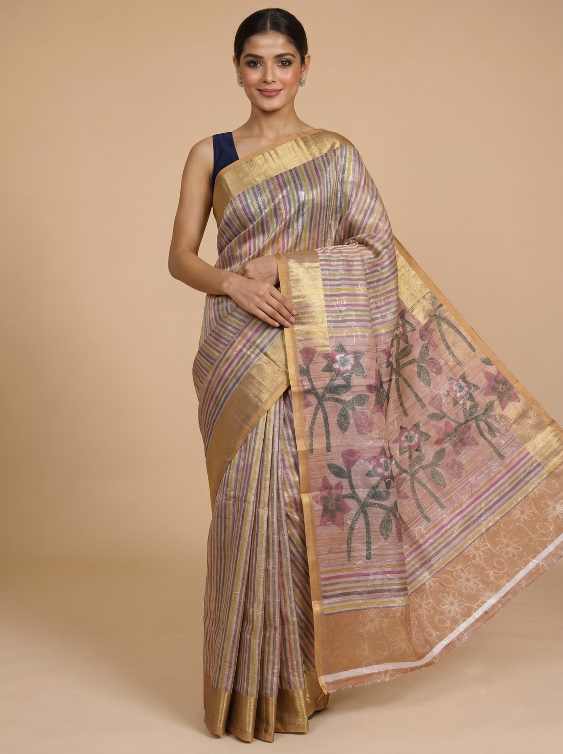 Beige and Multicolor Stripes with Peach Floral Pallu - Linen Cotton Saree
