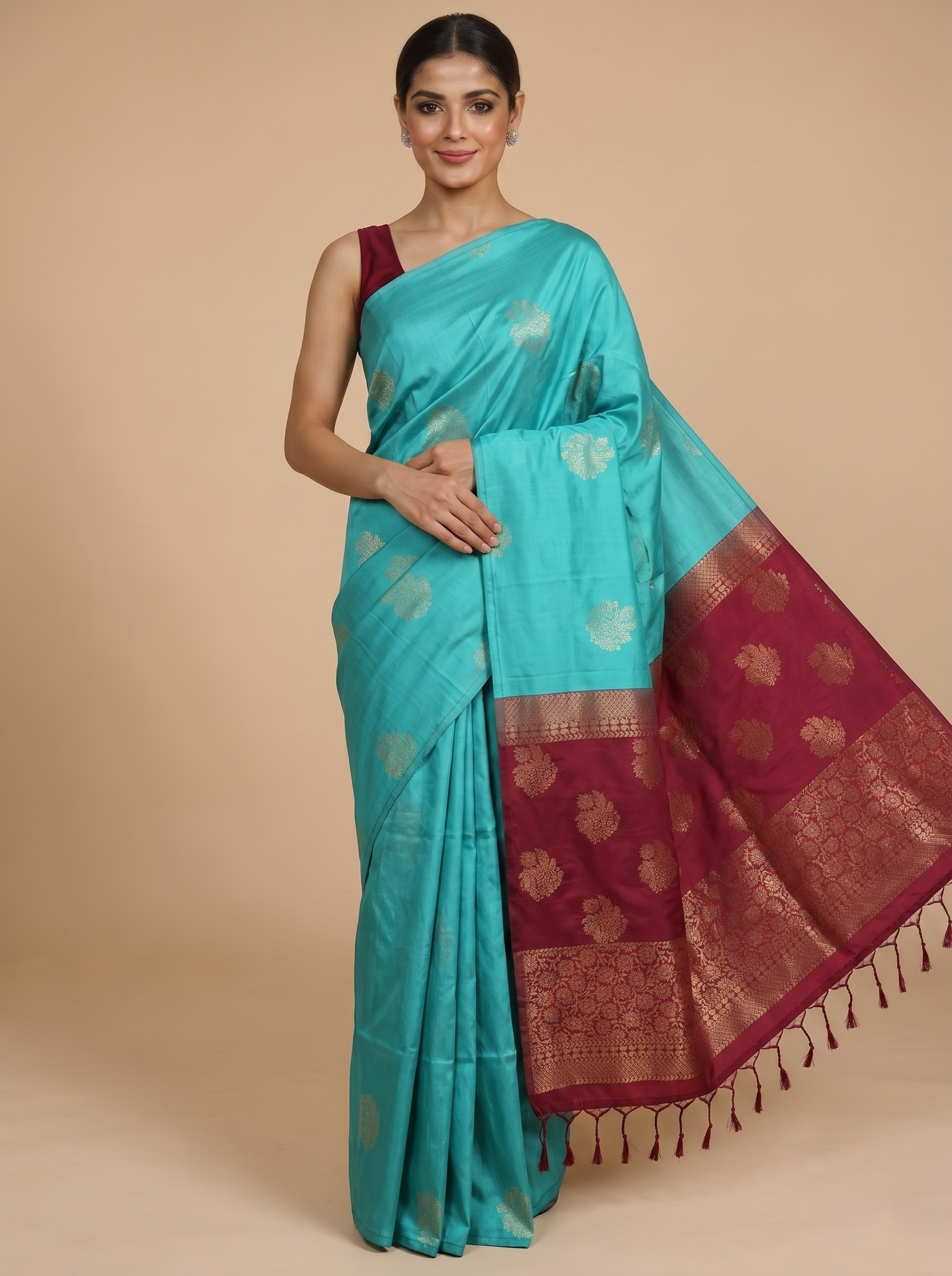Feroze Blue with Maroon - Semi Silk Saree