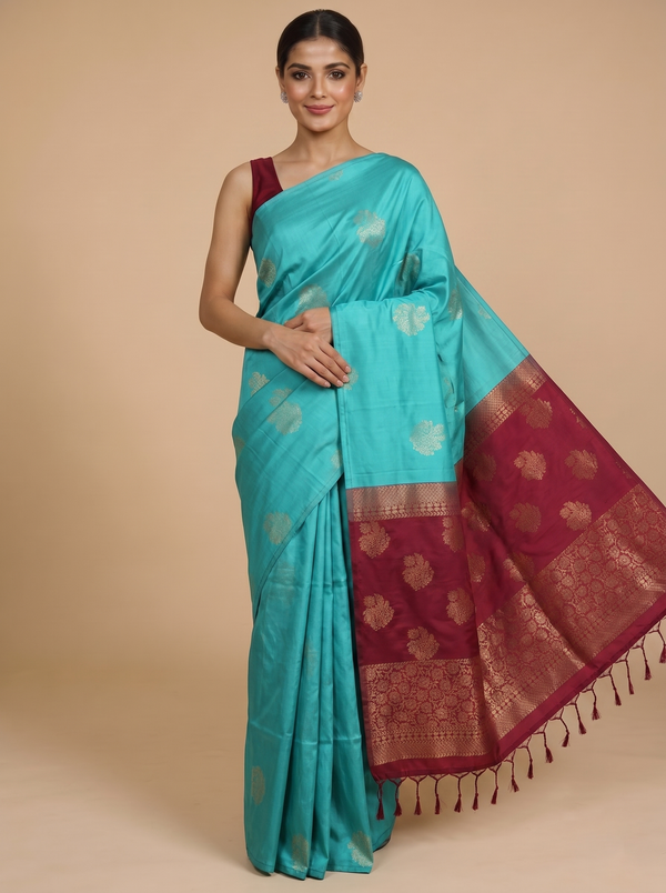 Feroze Blue with Maroon - Semi Silk Saree