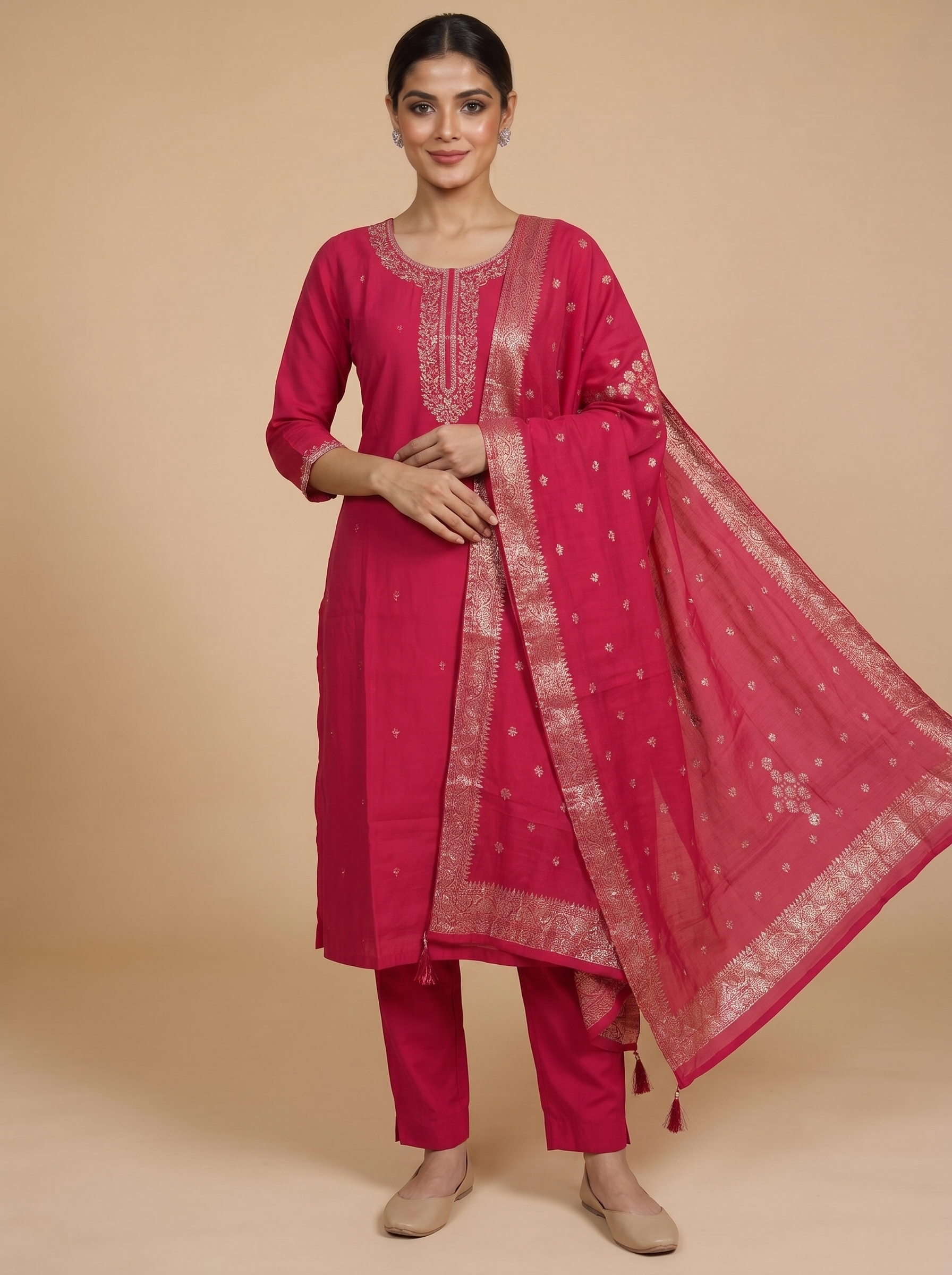 Rani Pink with Zari Ready Made Kurti Set