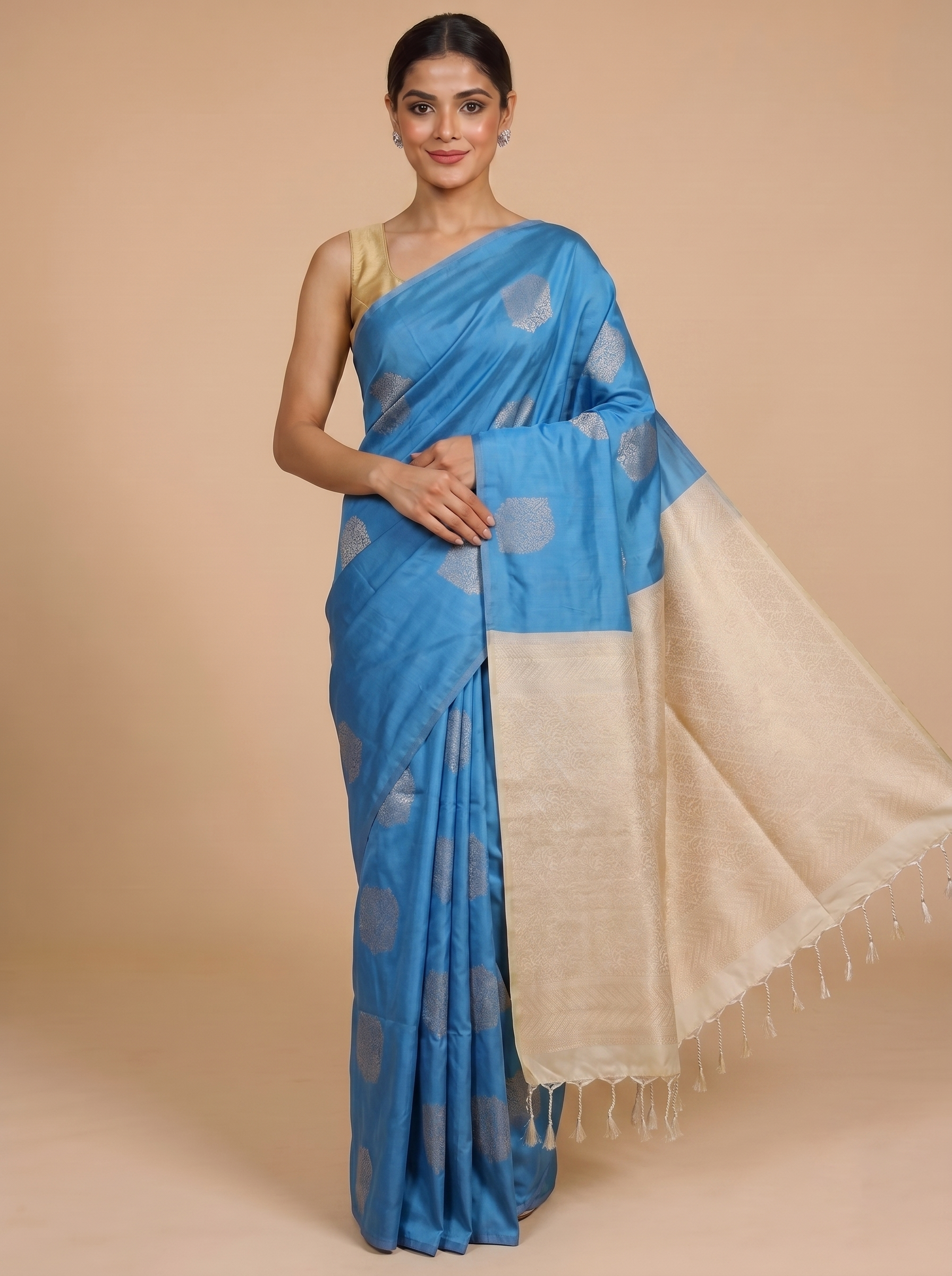 Teal Blue with Cream - Semi Silk Saree