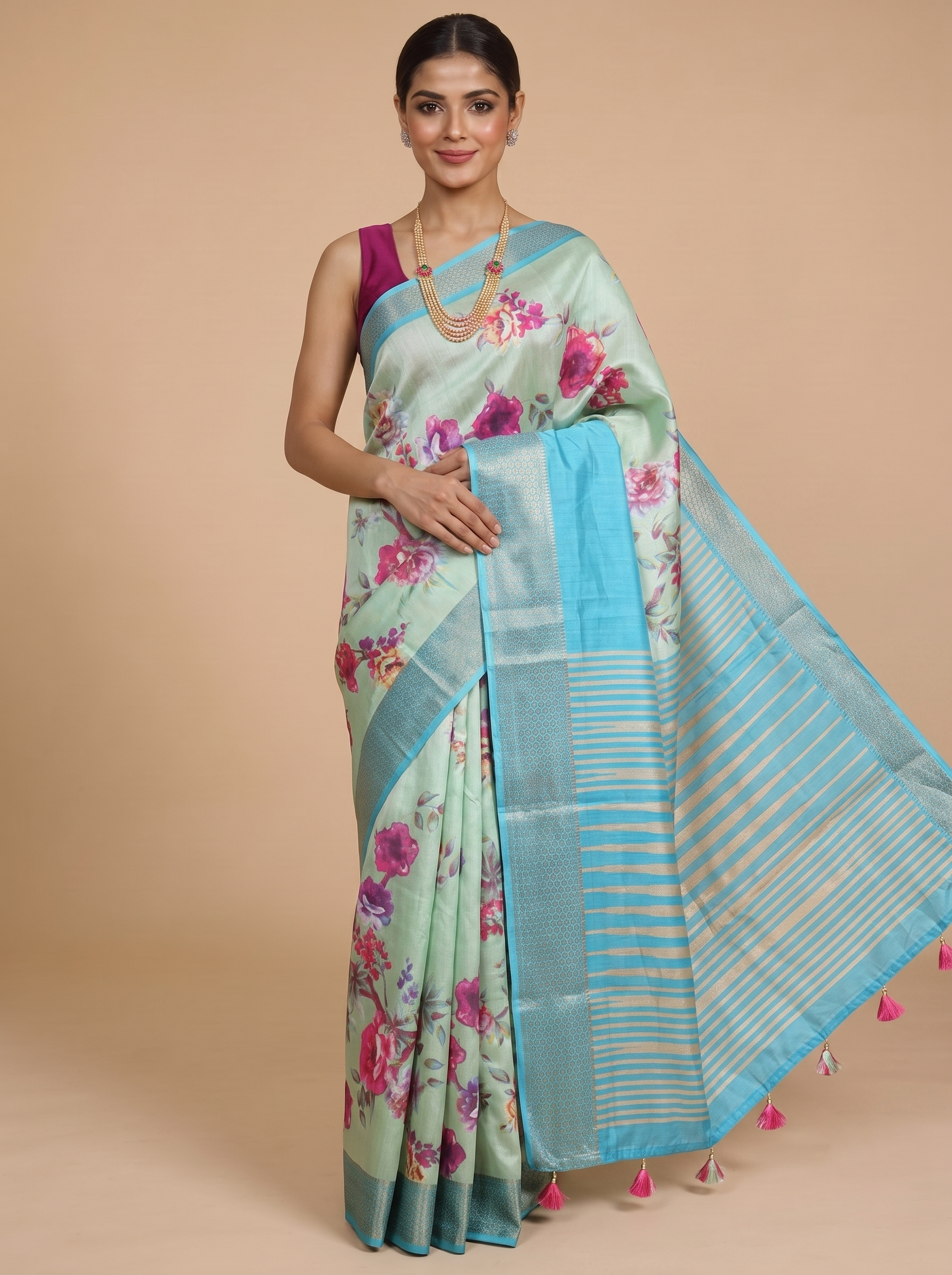 Mint Green with Sky Blue - Semi Raw Silk Saree