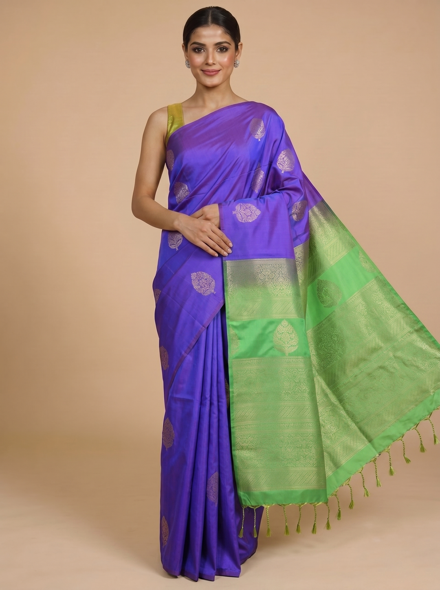 Purple with Light Green - Semi Silk Saree