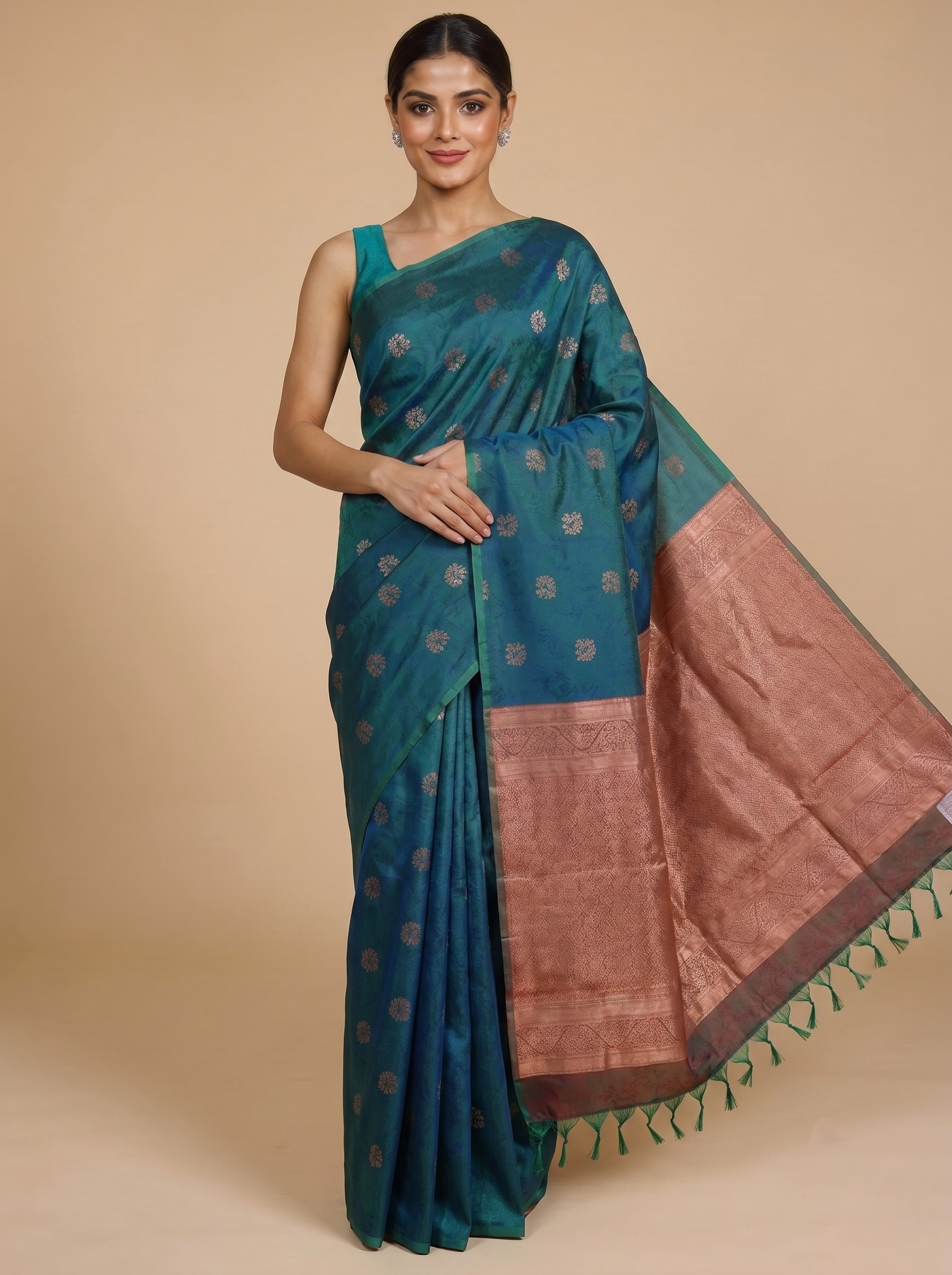 Peacock Blue and Copper Rose Silk Cotton Saree