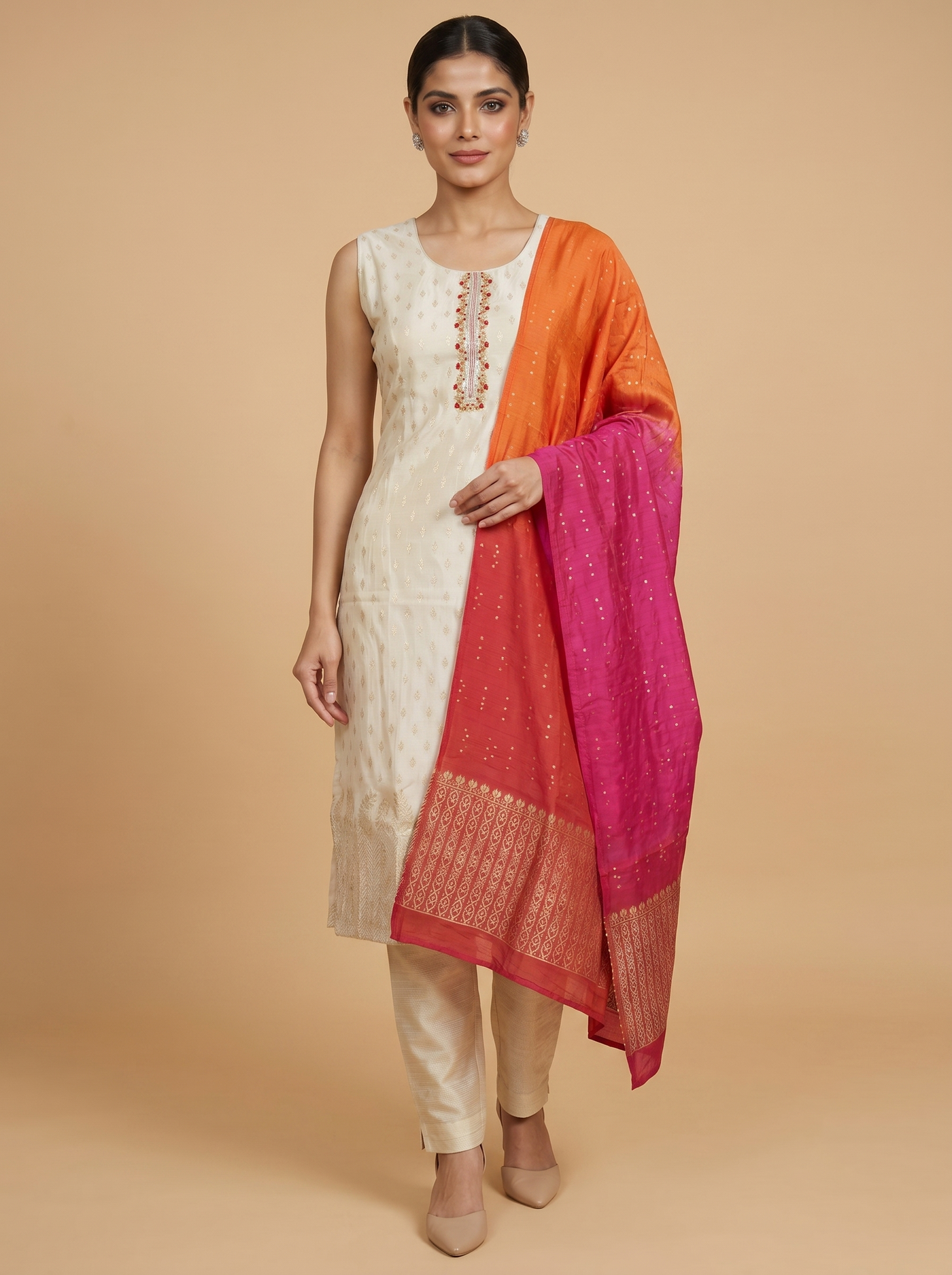 Off-White with Orange and Magenta Pink Ready Made Kurti Set