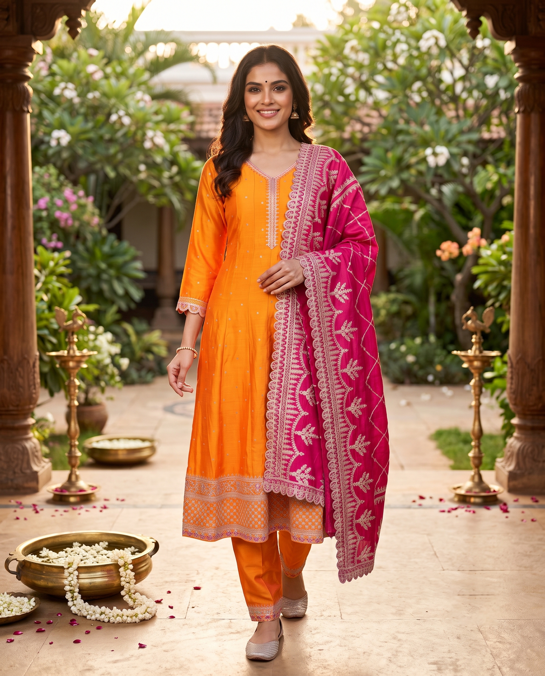 Mango Orange with Magenta Pink Dupatta Ready Made Kurti Set