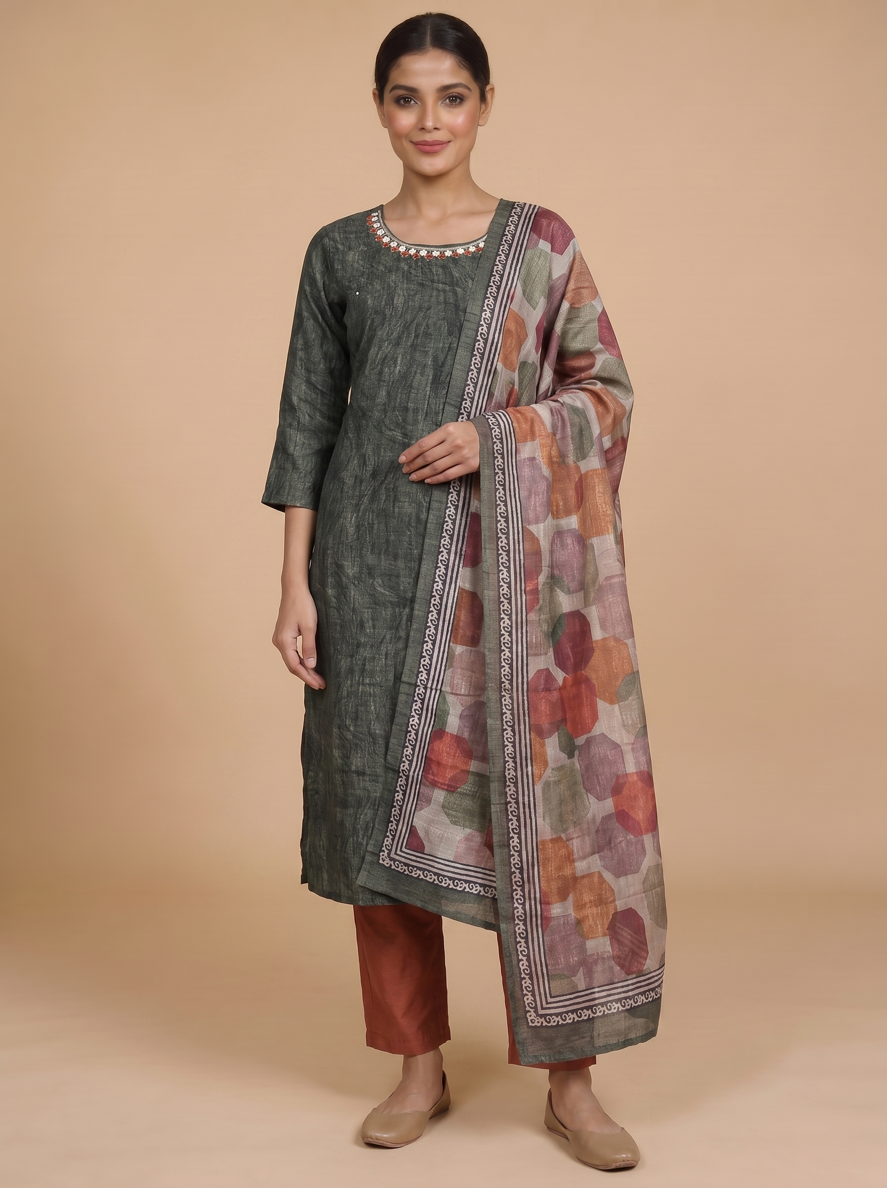 Olive Green with Multicolor Dupatta Ready Made Salwar Suit