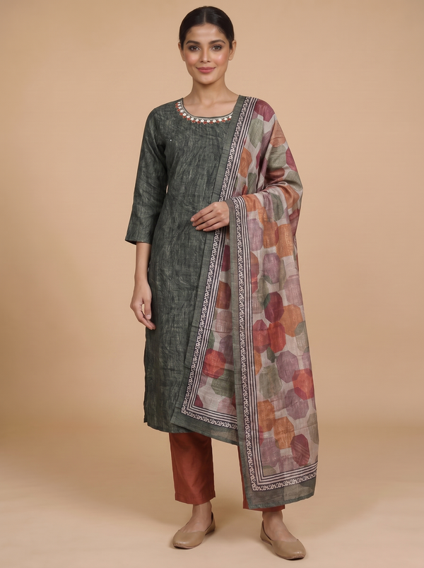 Olive Green with Multicolor Dupatta Ready Made Salwar Suit