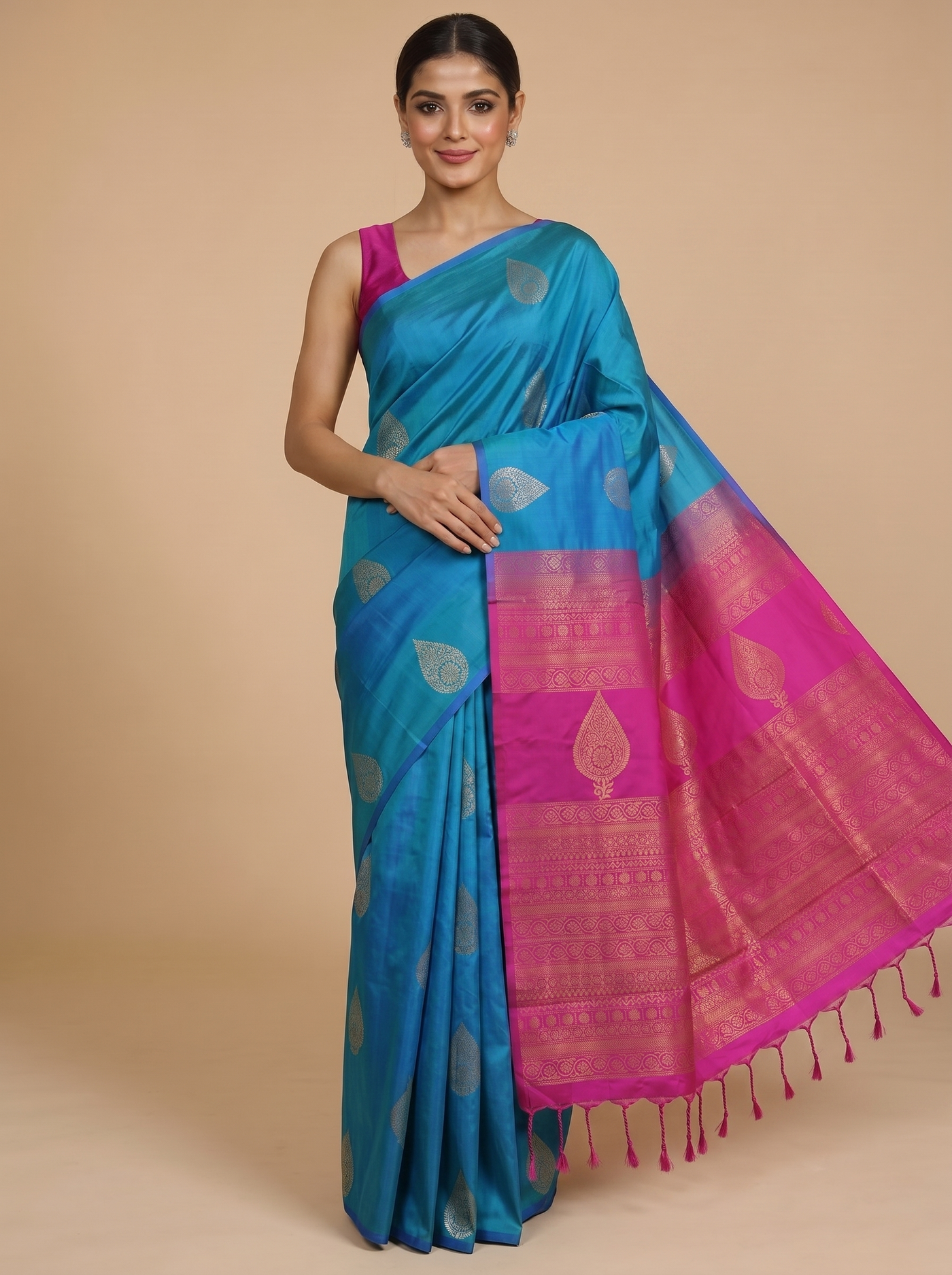 Sky Blue with Magenta Pink Semi Silk Saree