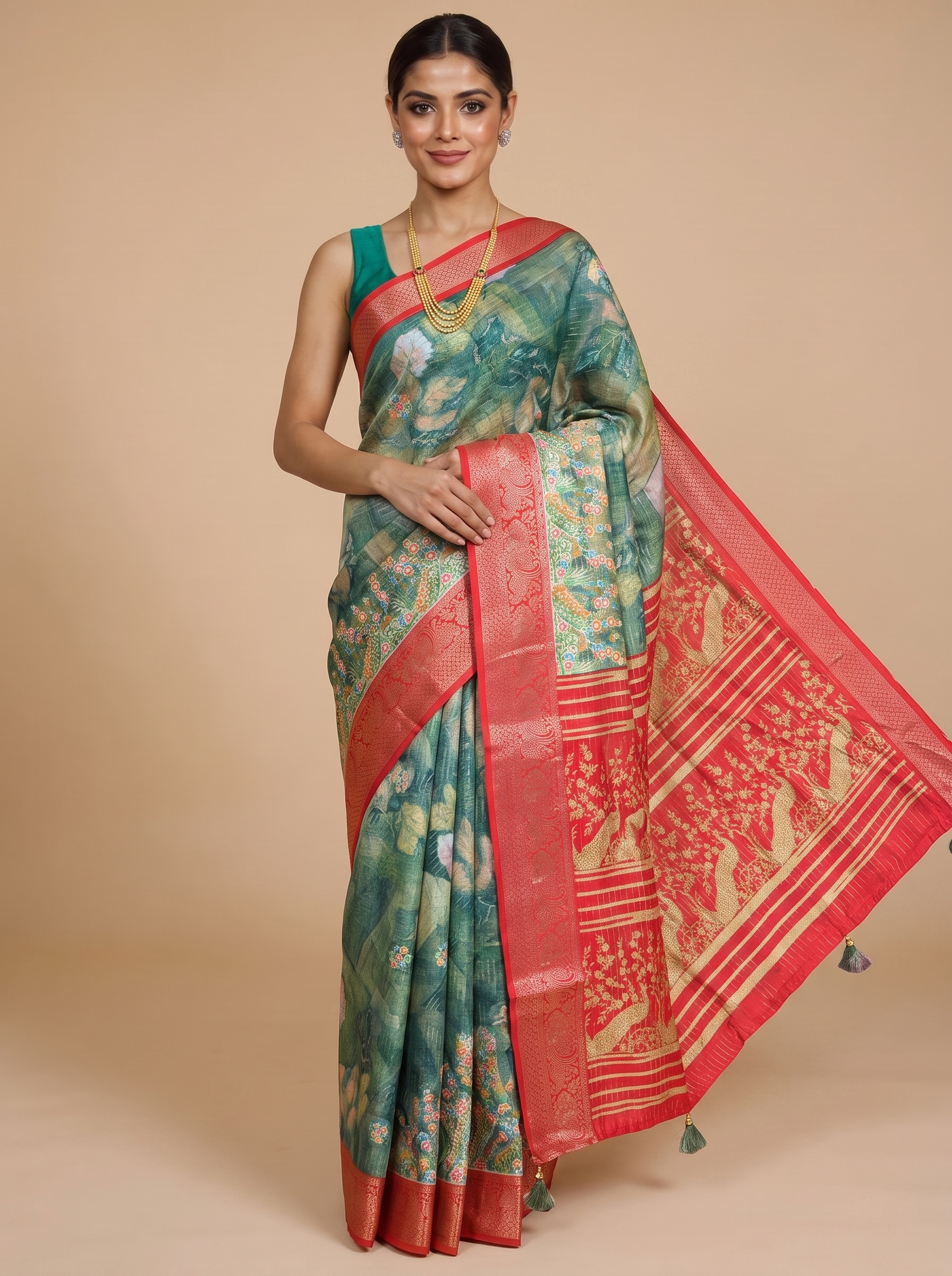 Green with Red - Semi Raw Silk Saree