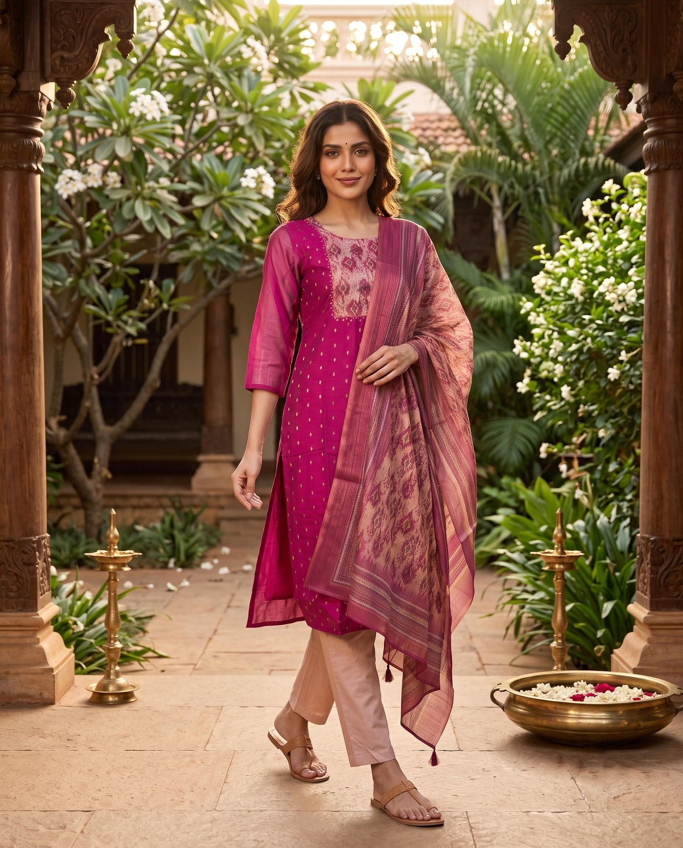 Magenta with Beige Printed Dupatta Ready Made Kurti Set