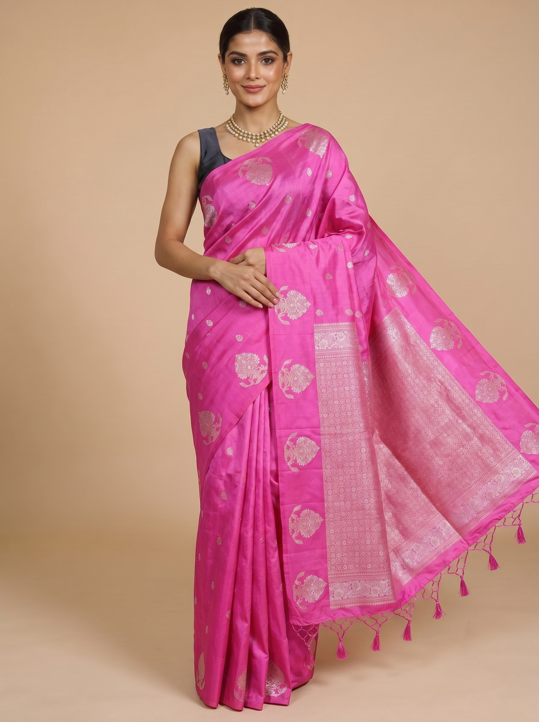 Pink with Silver Zari - Semi Tussar Saree