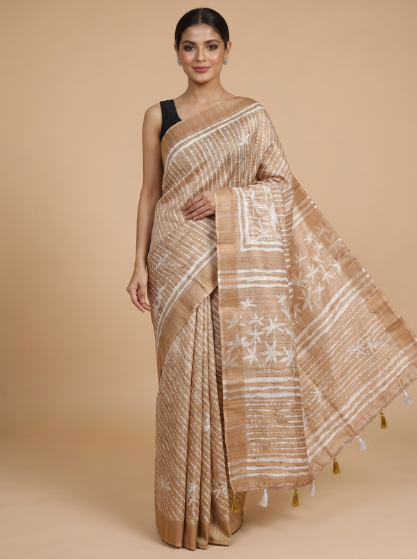 Beige and White Dola Silk Saree