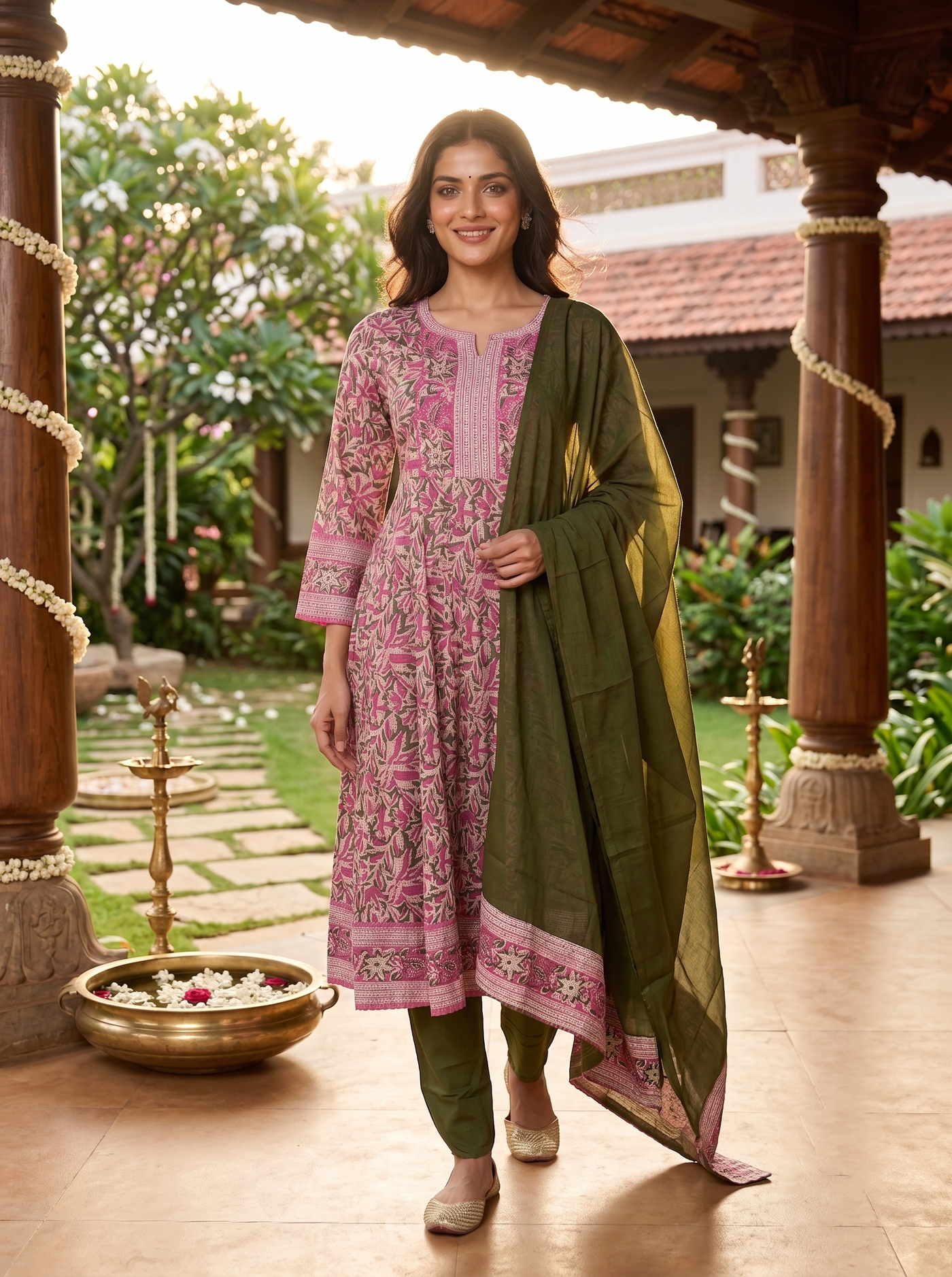Olive Green with Pink Dupatta Ready Made Kurti Set