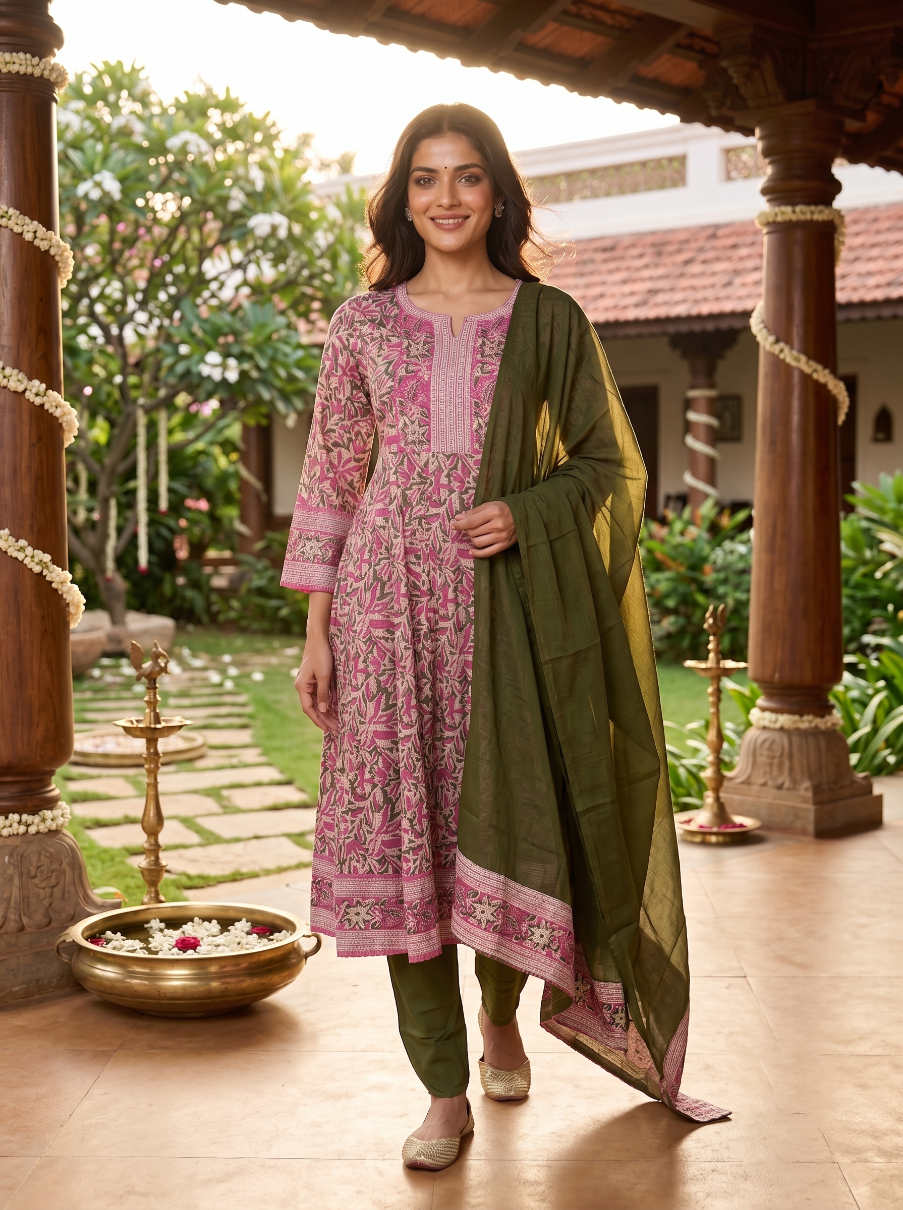 Olive Green with Pink Dupatta Ready Made Kurti Set